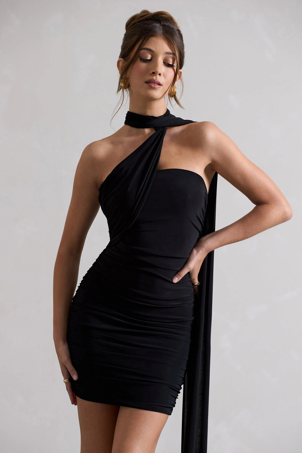 Abel | Black Ruched Asymmetric Mini Dress With Scarf
