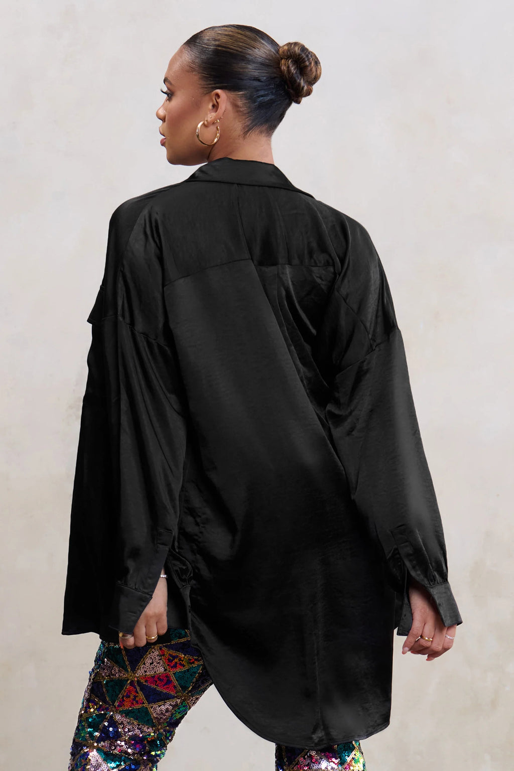 Limitless | Plus Black Oversized Long Sleeve Satin Shirt With Placement Pocket