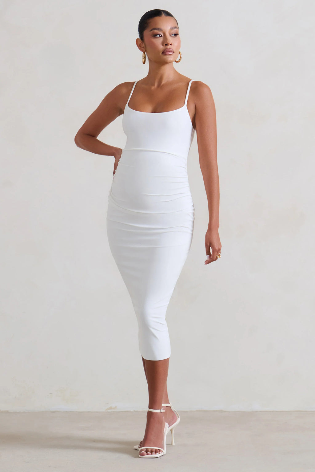 Raquel | White Maternity Cami Midi Dress With Split