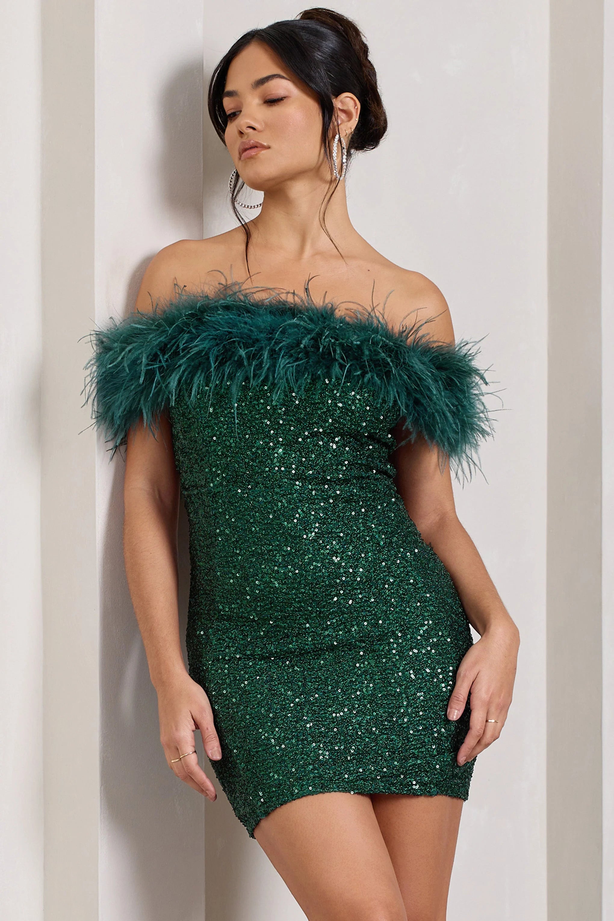 New Money | Green Bodycon Sequin Mini Dress With Feather Trim
