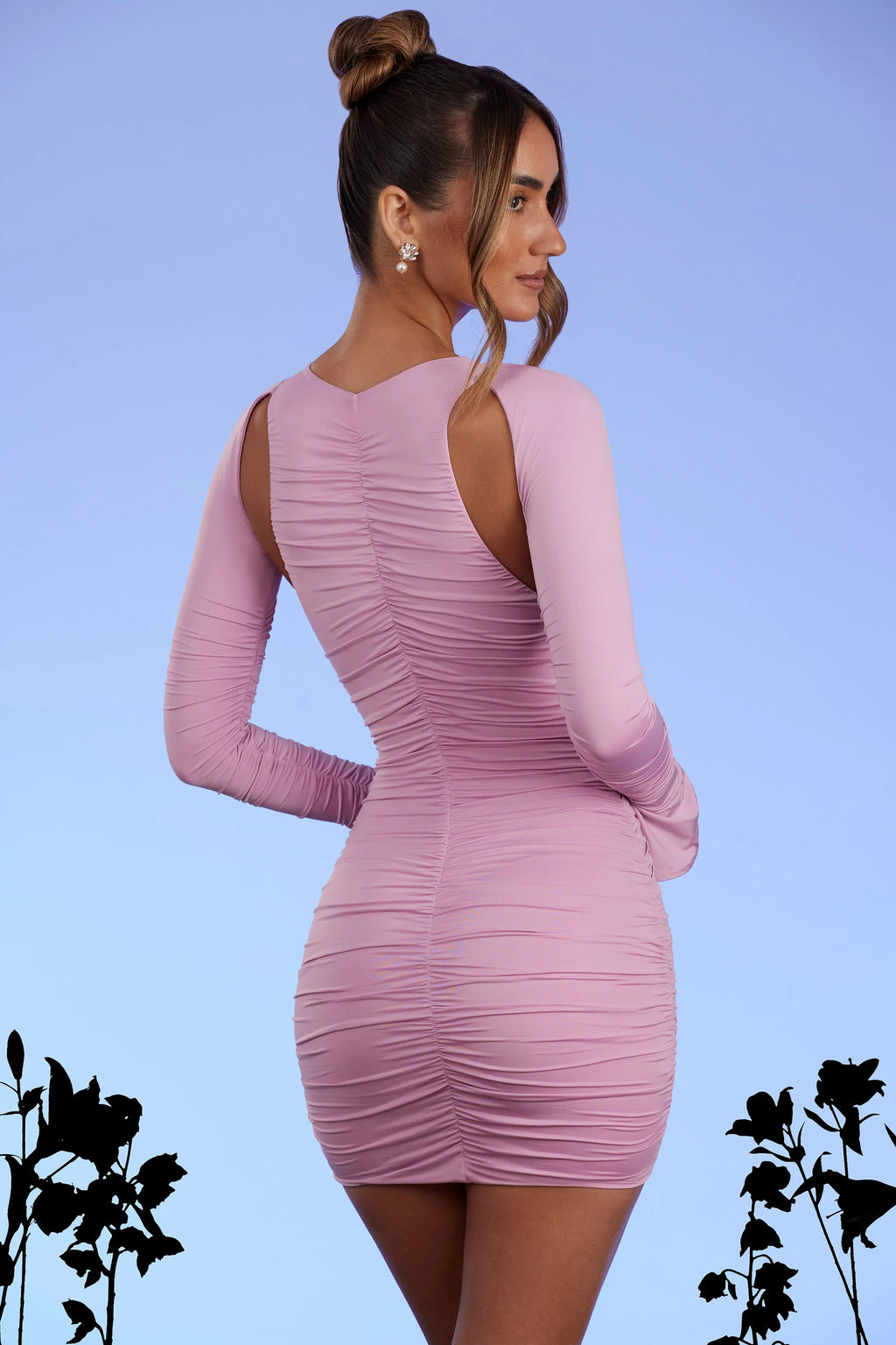 Low Plunge Ruched Mini Dress in Pink