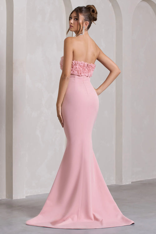 Allegra | Pink Bandeau Split Fishtail Maxi Dress With Flowers