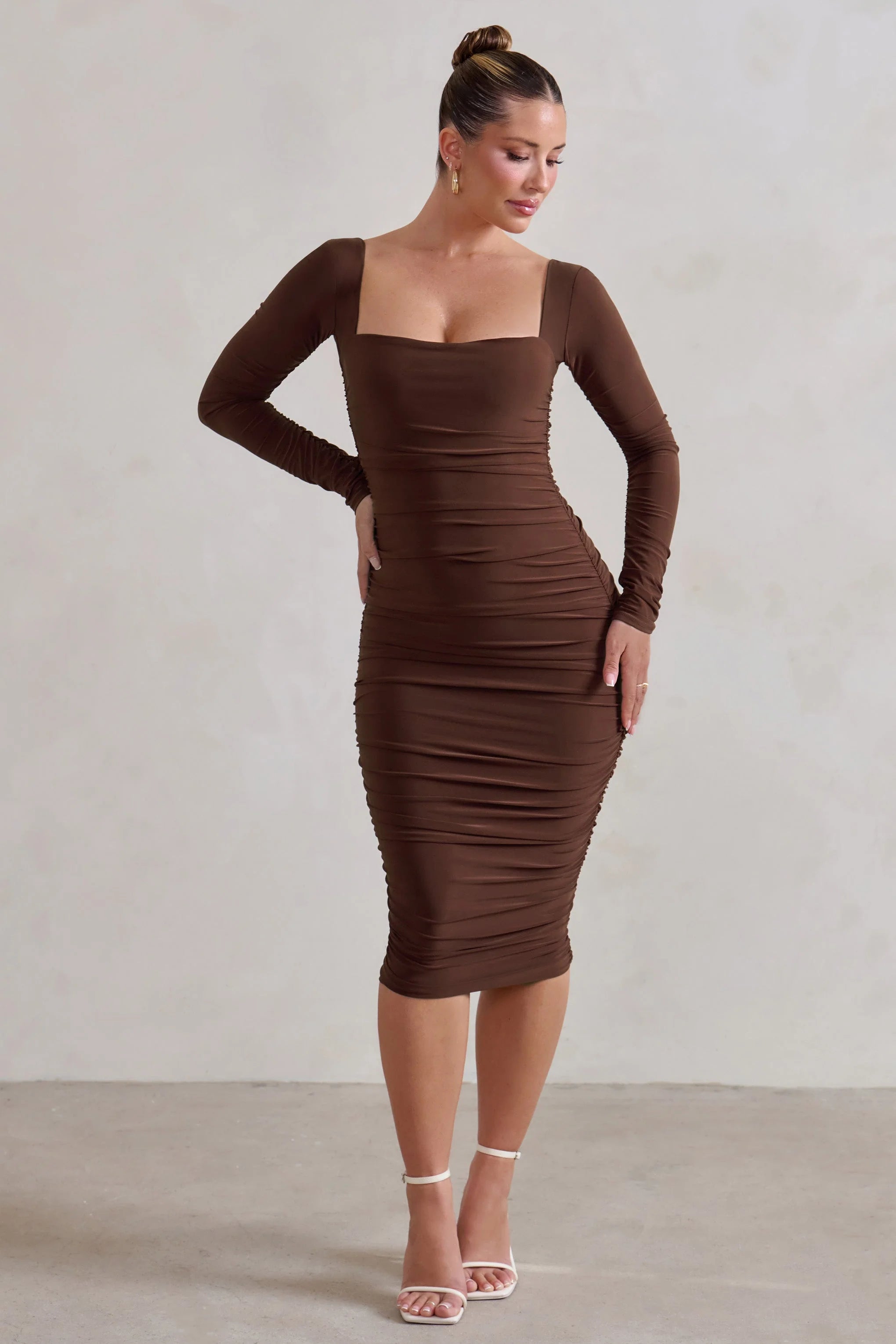 Seductress | Chocolate Long Sleeve Square Neck Ruched Midi Dress