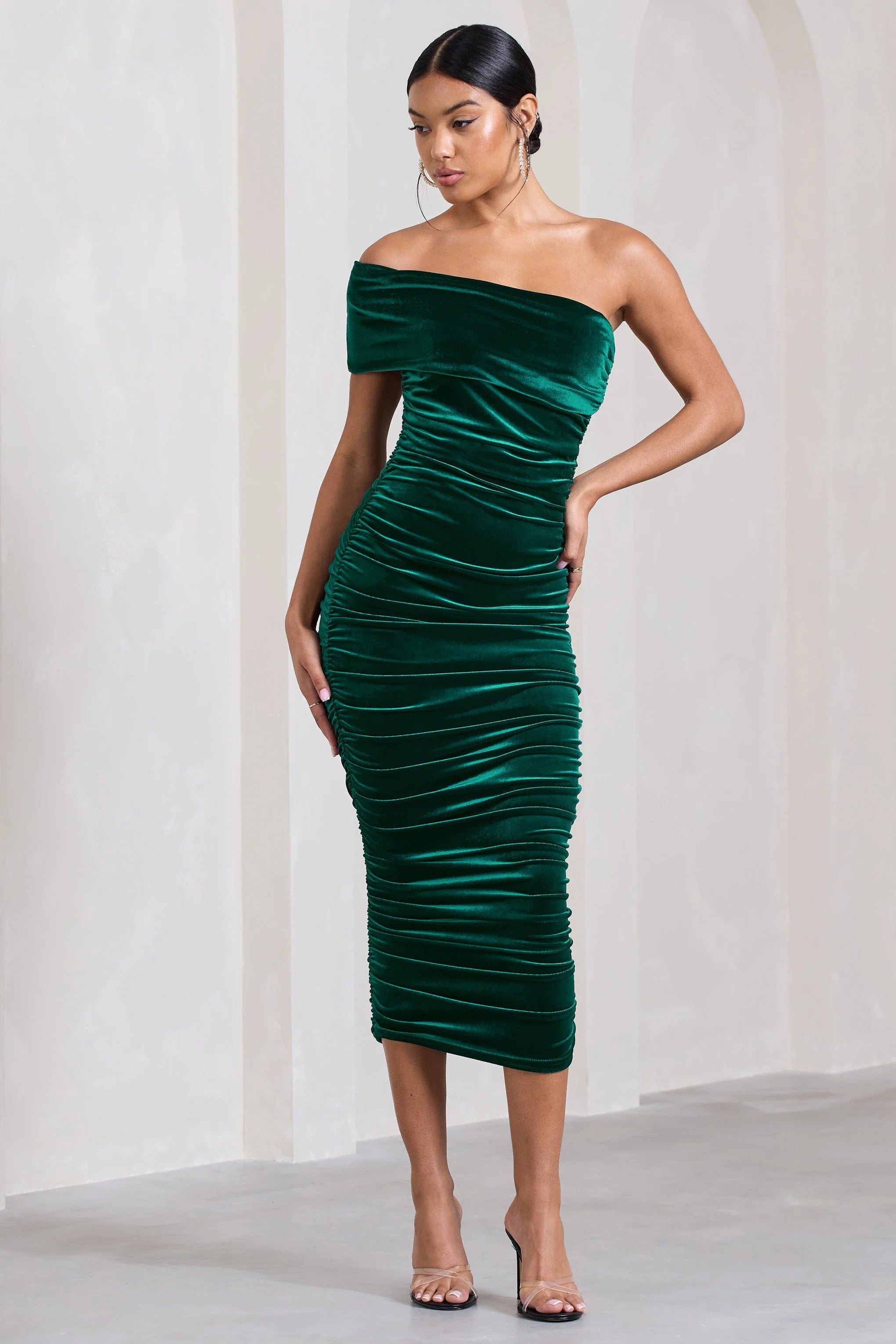 Remember Me | Bottle Green Velvet One Shoulder Midi Dress