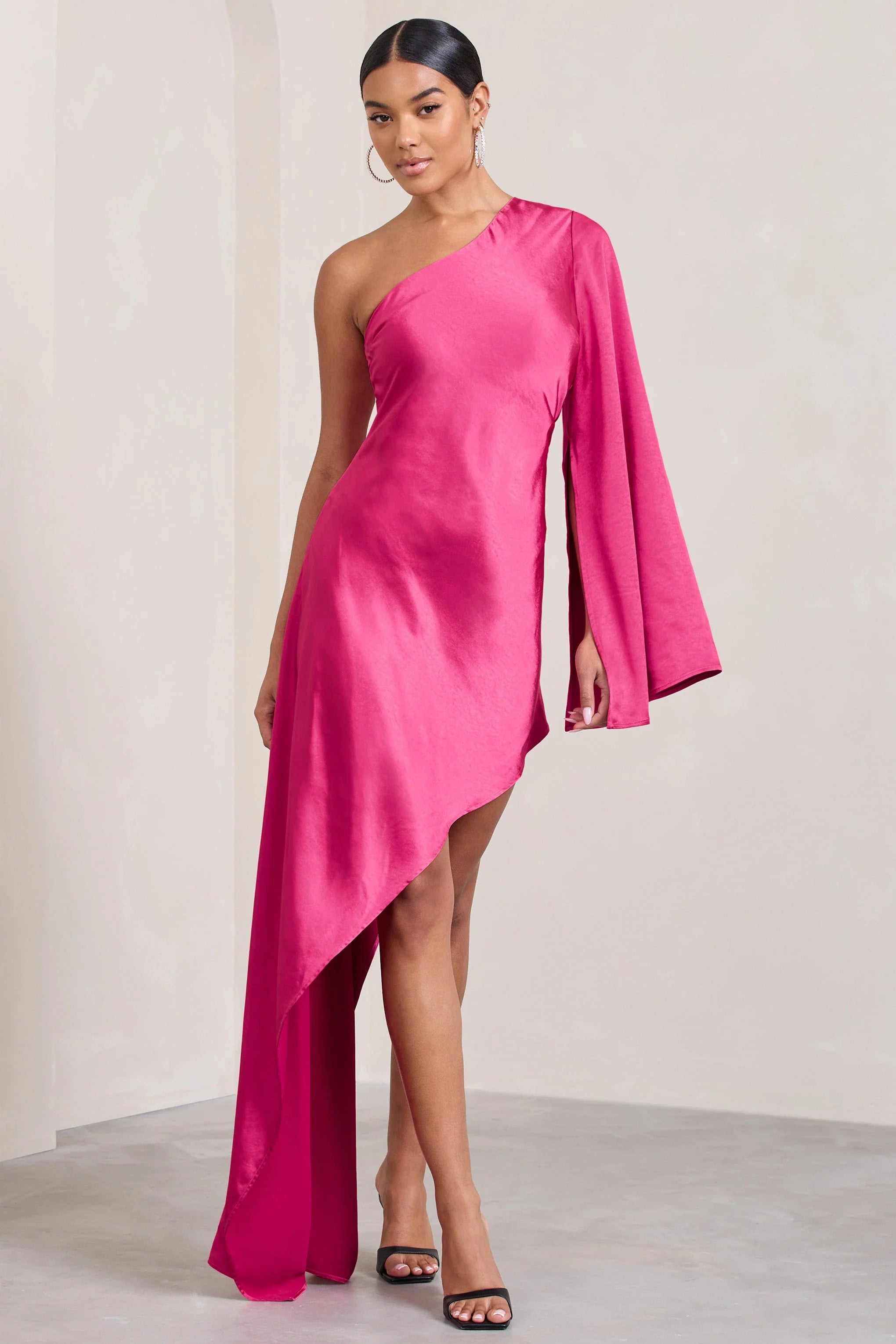 Hanna | Hot Pink Asymmetric Draped Satin Mini Dress