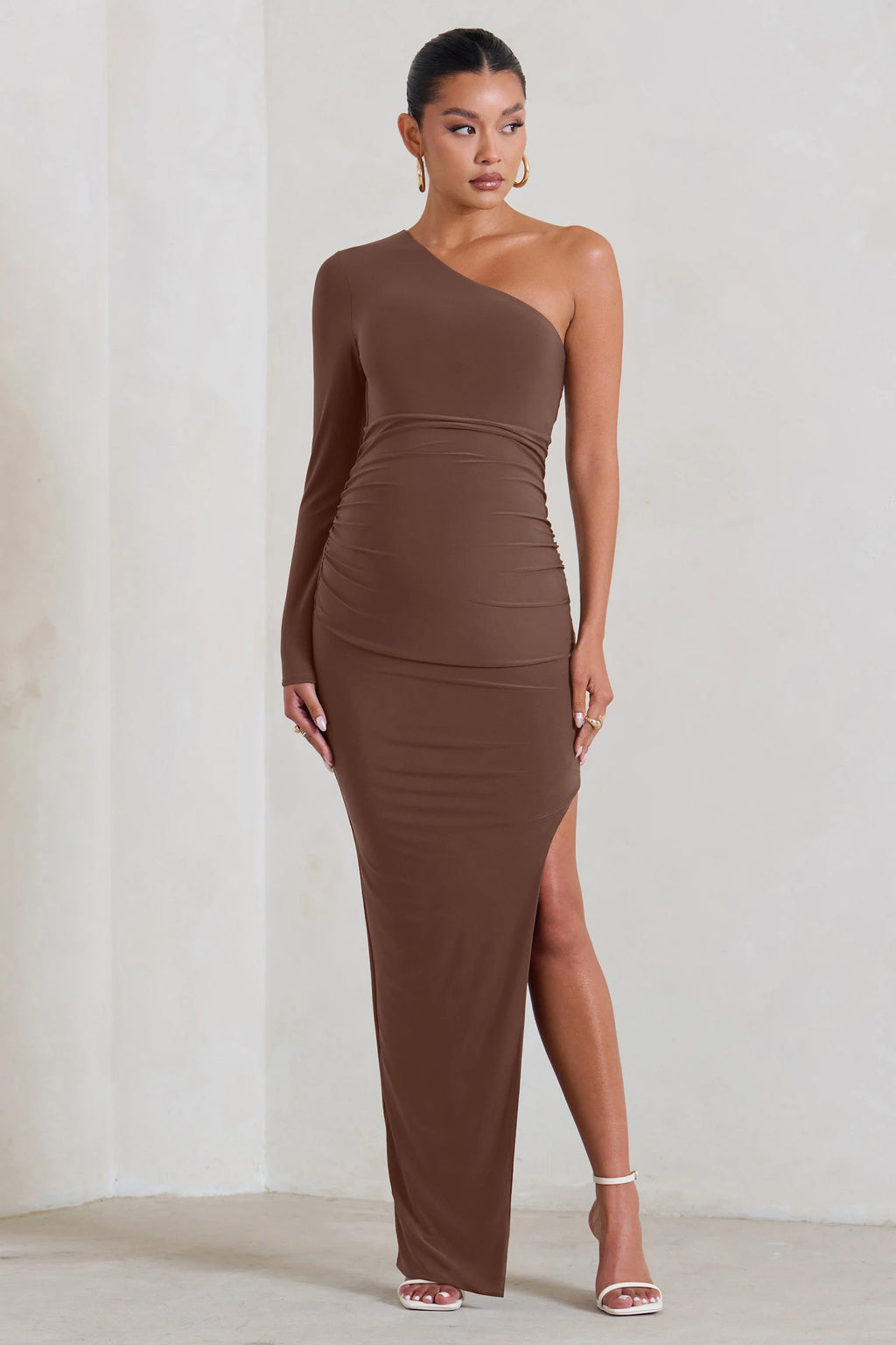 Paloma | Brown Maternity One Sleeve Asymmetric Maxi Dress