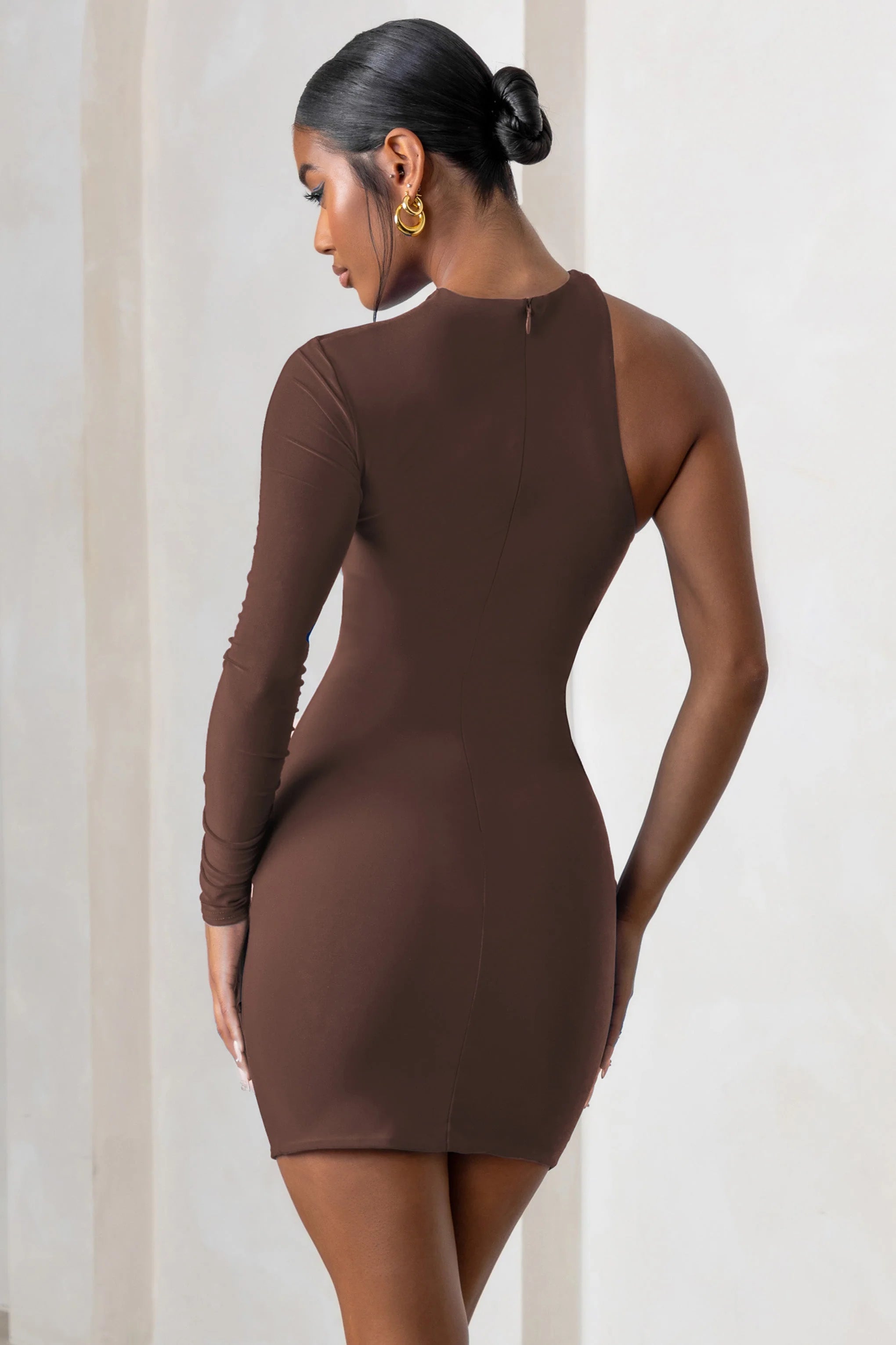 Perfect Touch | Chocolate One Shoulder Long Sleeve Mini Dress