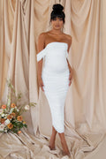 Plus One | White Maternity Bardot Ruched Draped Midi Dress