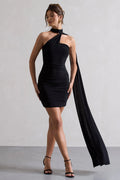 Abel | Black Ruched Asymmetric Mini Dress With Scarf