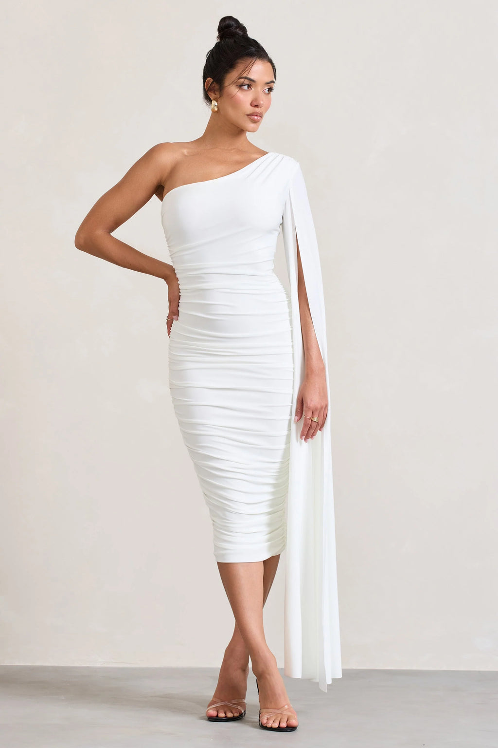 Yara | White One Shoulder Cape Ruched Midi Dress