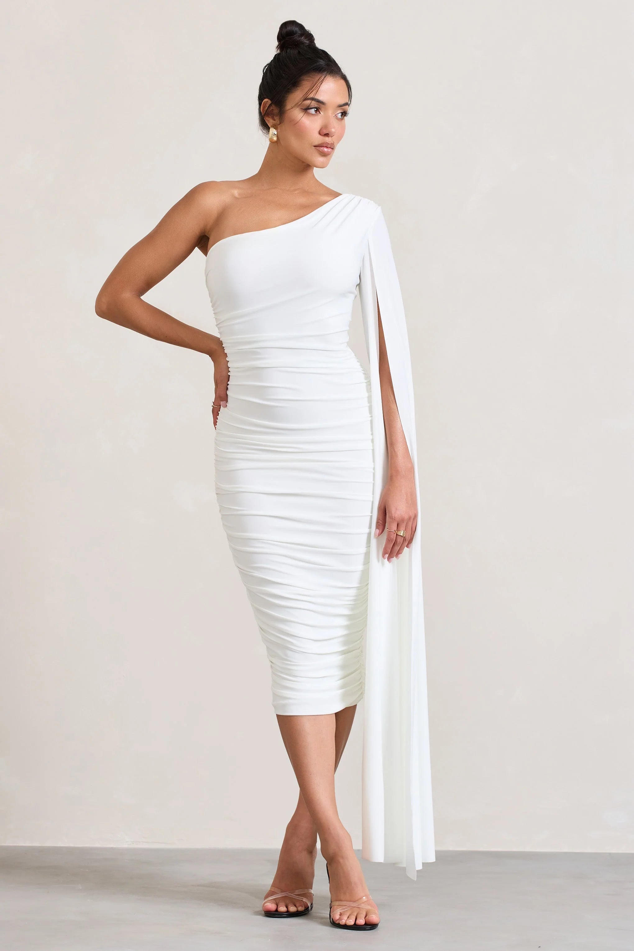 Yara | White One Shoulder Cape Ruched Midi Dress