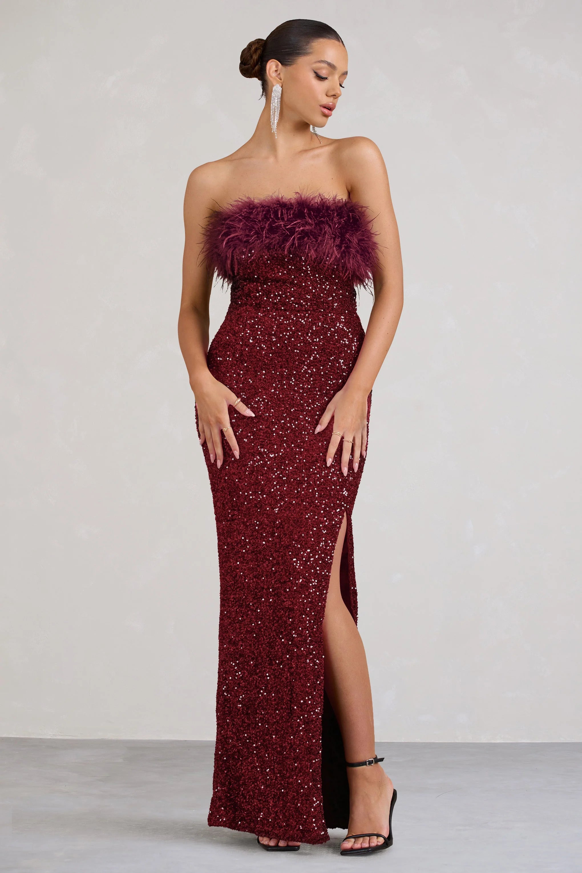 Old Money | Burgundy Bodycon Sequin Maxi Dress With Feather Trim