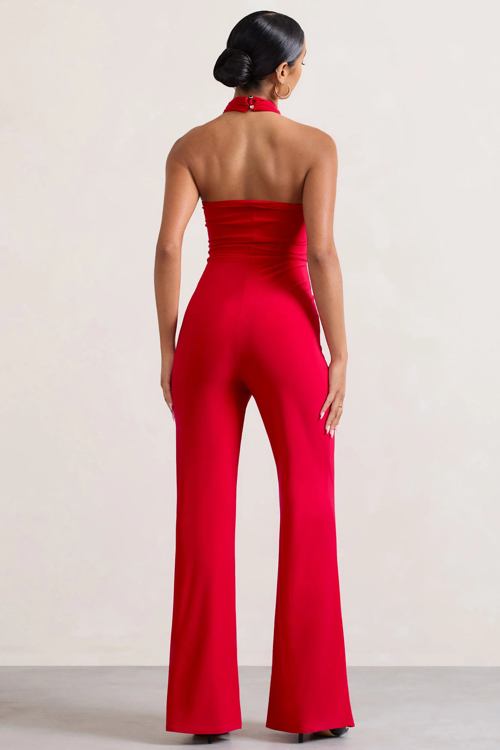 Goddess | Red Halter Neck Flare Jumpsuit