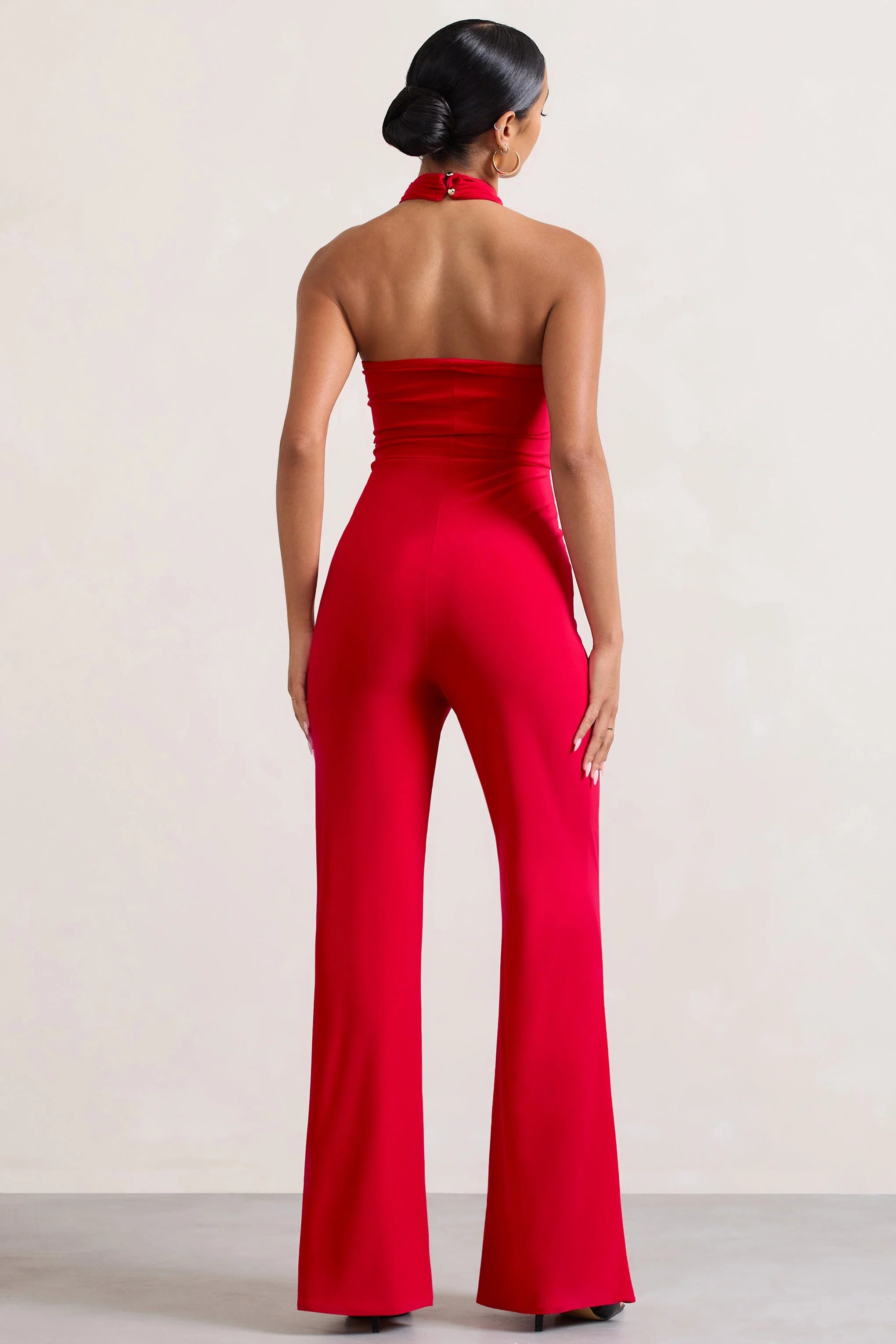 Goddess | Red Halter Neck Flare Jumpsuit