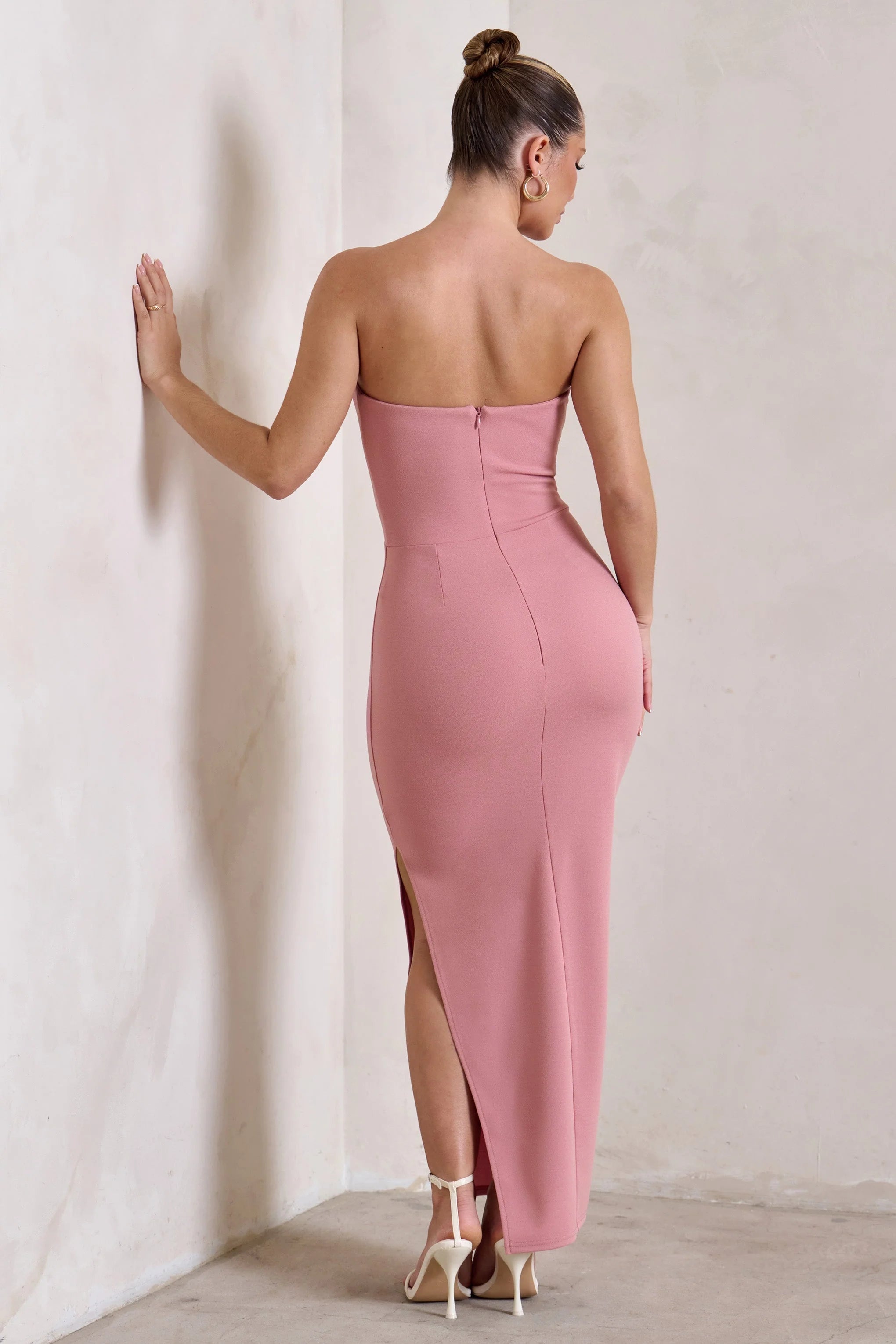 Dina | Powder Pink Bandeau Maxi Dress With Split