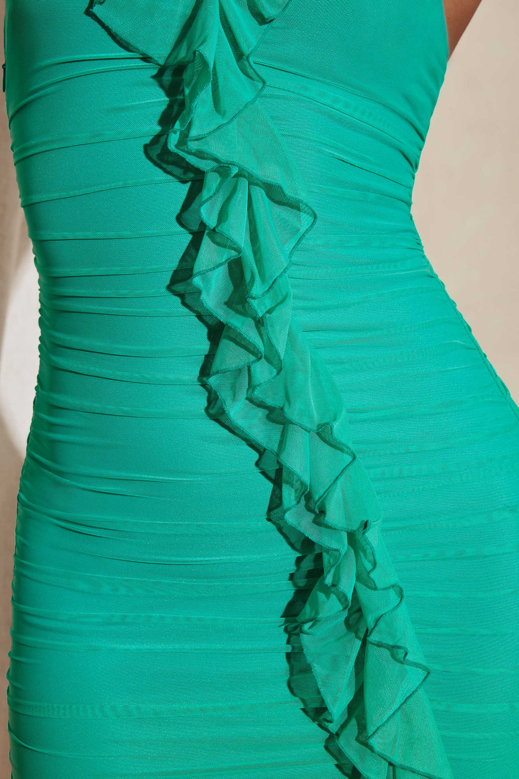 One Shoulder Asymmetric Frill Mini Dress in Teal