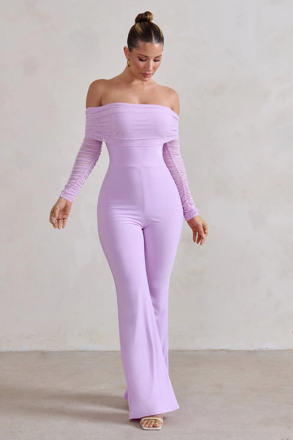Whisper | Lilac Ruched Mesh Bardot Jumpsuit