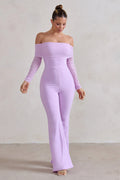 Whisper | Lilac Ruched Mesh Bardot Jumpsuit