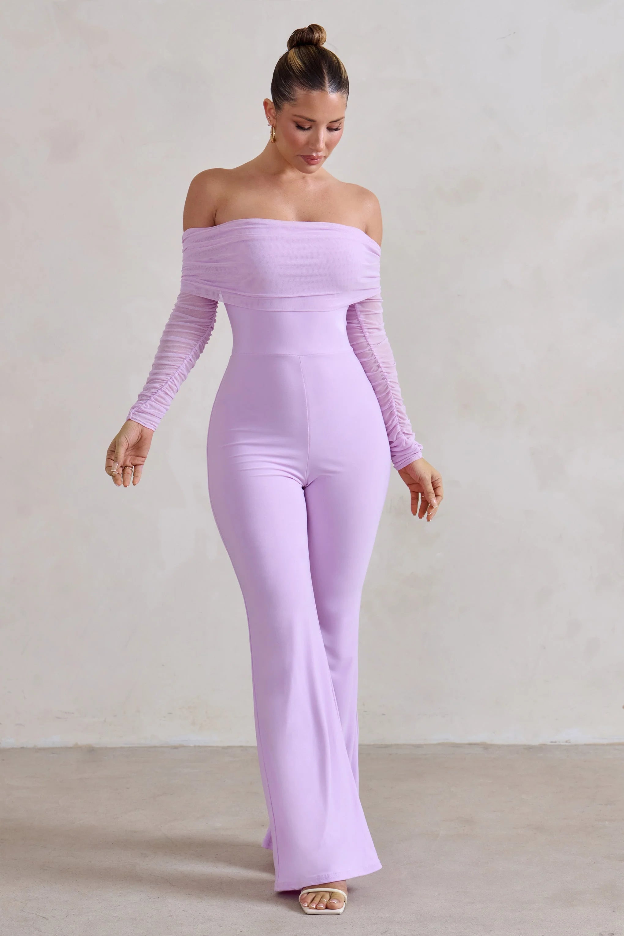 Whisper | Lilac Ruched Mesh Bardot Jumpsuit