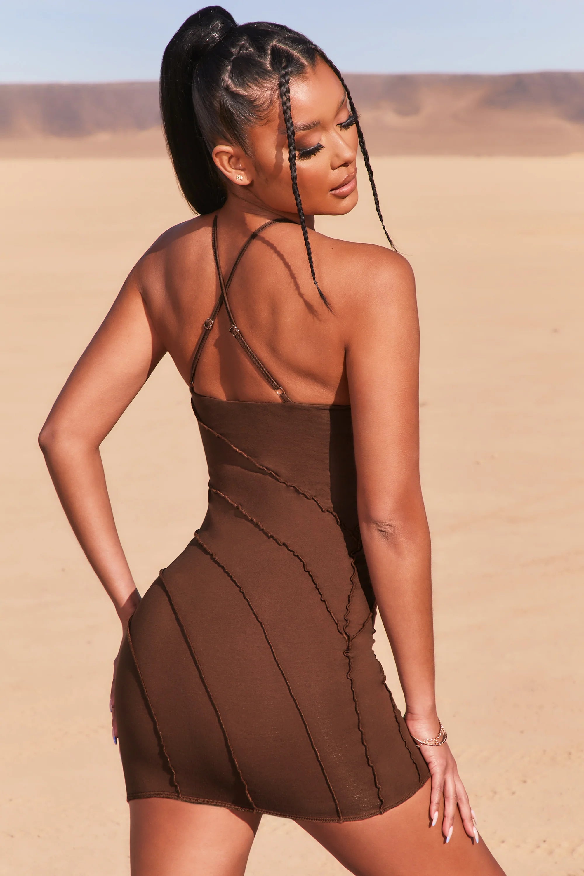 New Cut Petite Exposed Seam Halter Neck Mini Dress in Brown