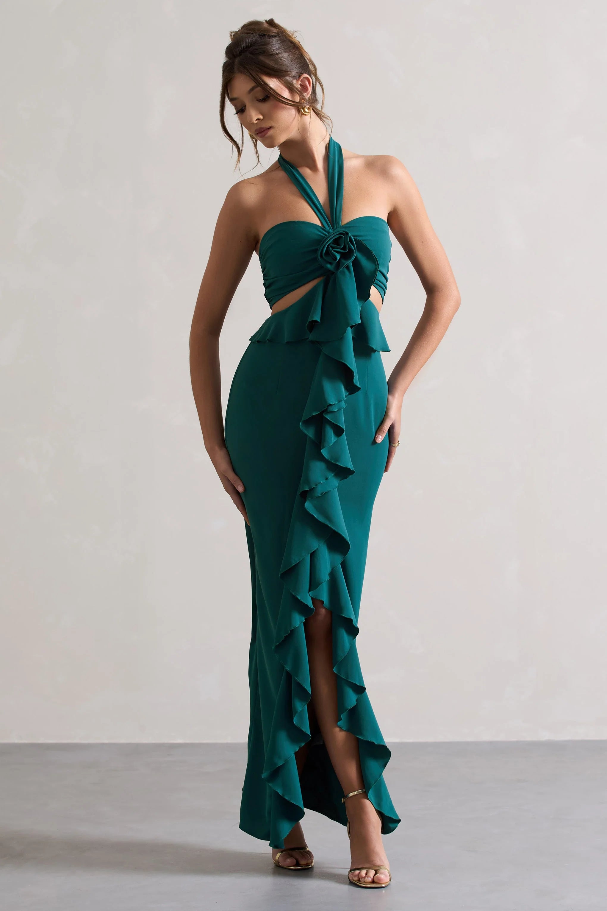 Powerful | Petrol Blue Cut-Out Halter-Neck Maxi Dress With Flower & Ruffles