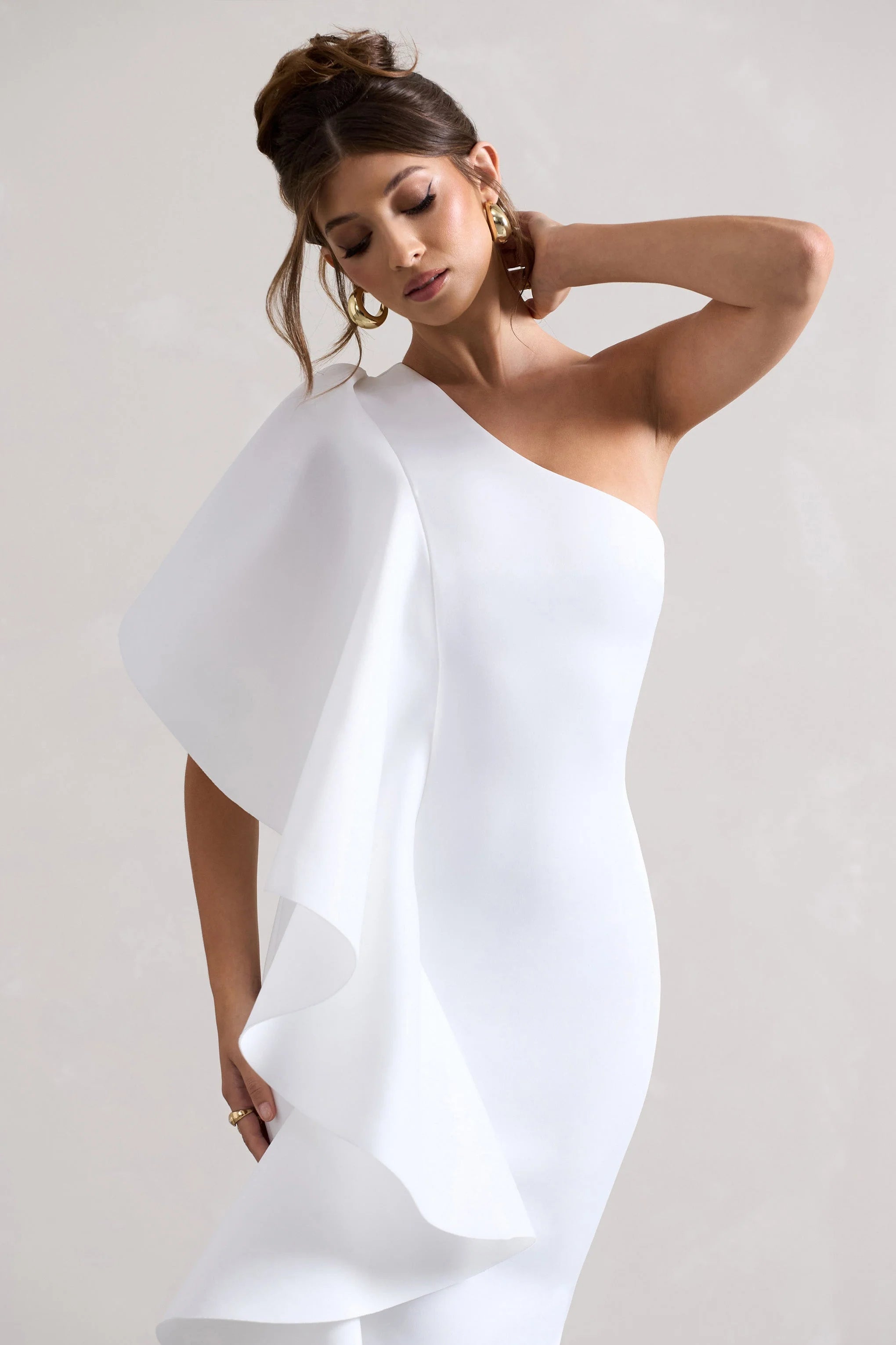 Polo | White Asymmetric Bodycon Midi Dress With Ruffle