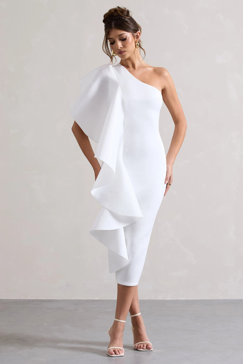 Polo | White Asymmetric Bodycon Midi Dress With Ruffle