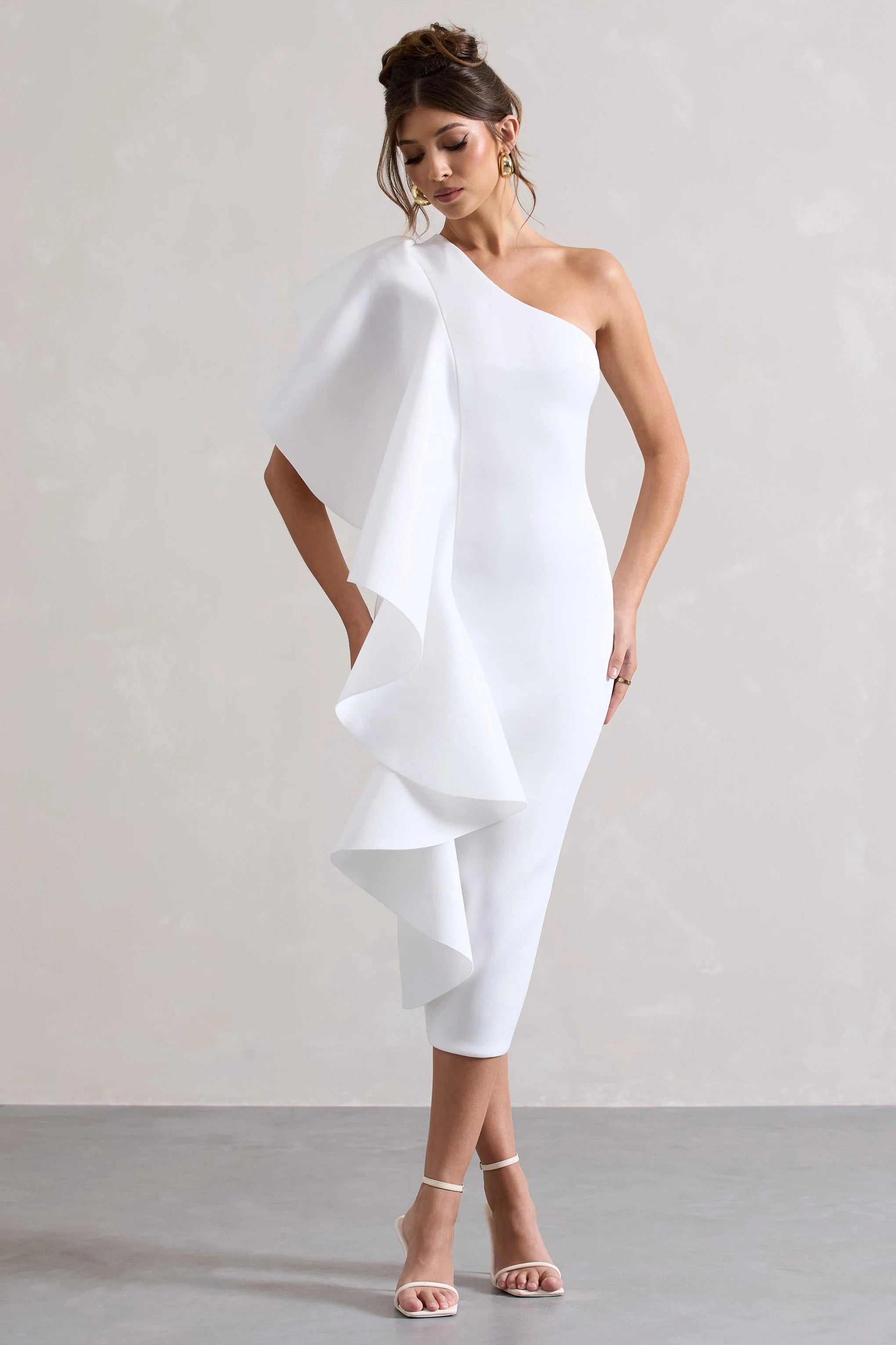 Polo | White Asymmetric Bodycon Midi Dress With Ruffle