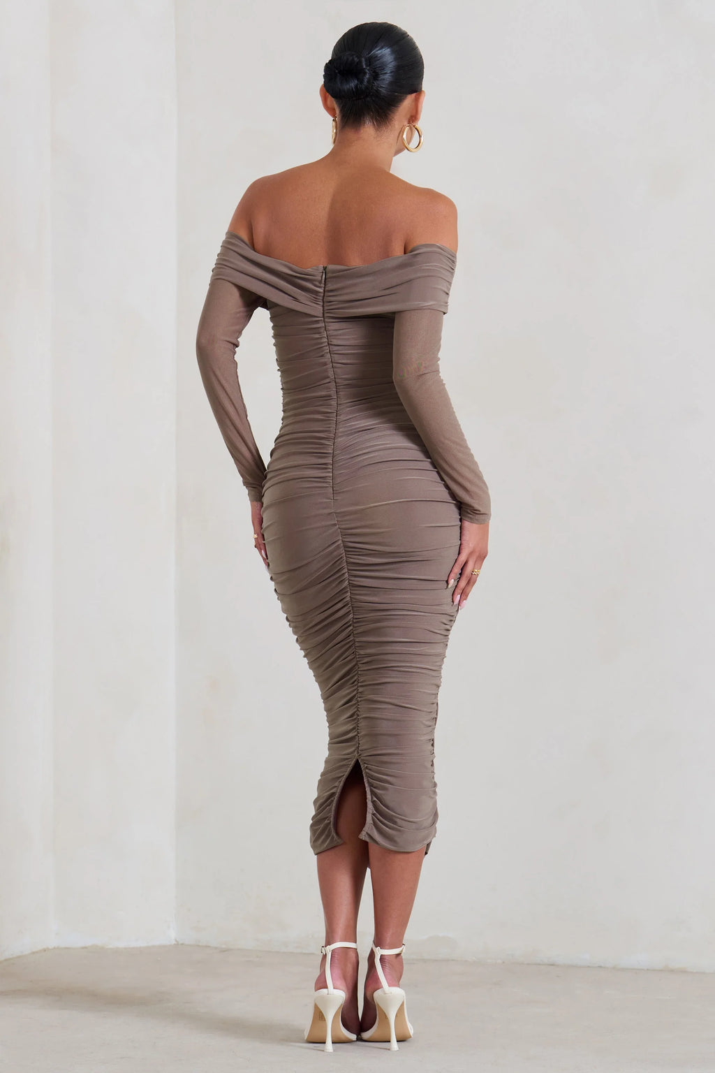Neva | Mocha Bardot Twist Maternity Midi Dress