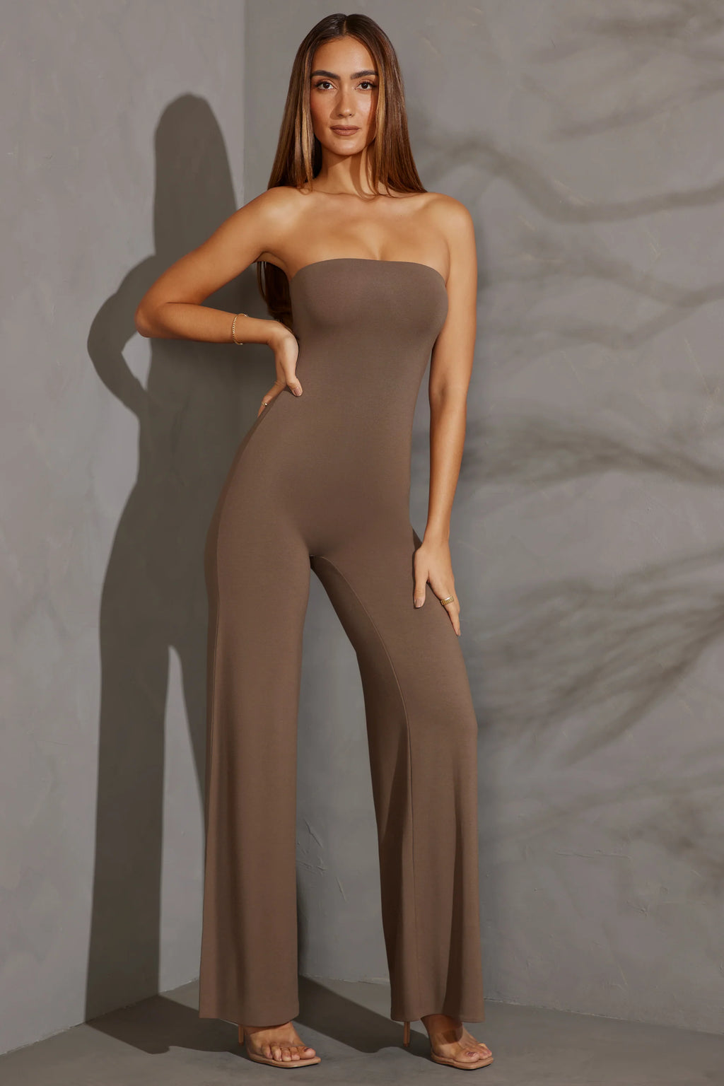 Petite Bandeau Wide Leg Jumpsuit in Taupe