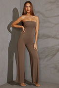 Petite Bandeau Wide Leg Jumpsuit in Taupe