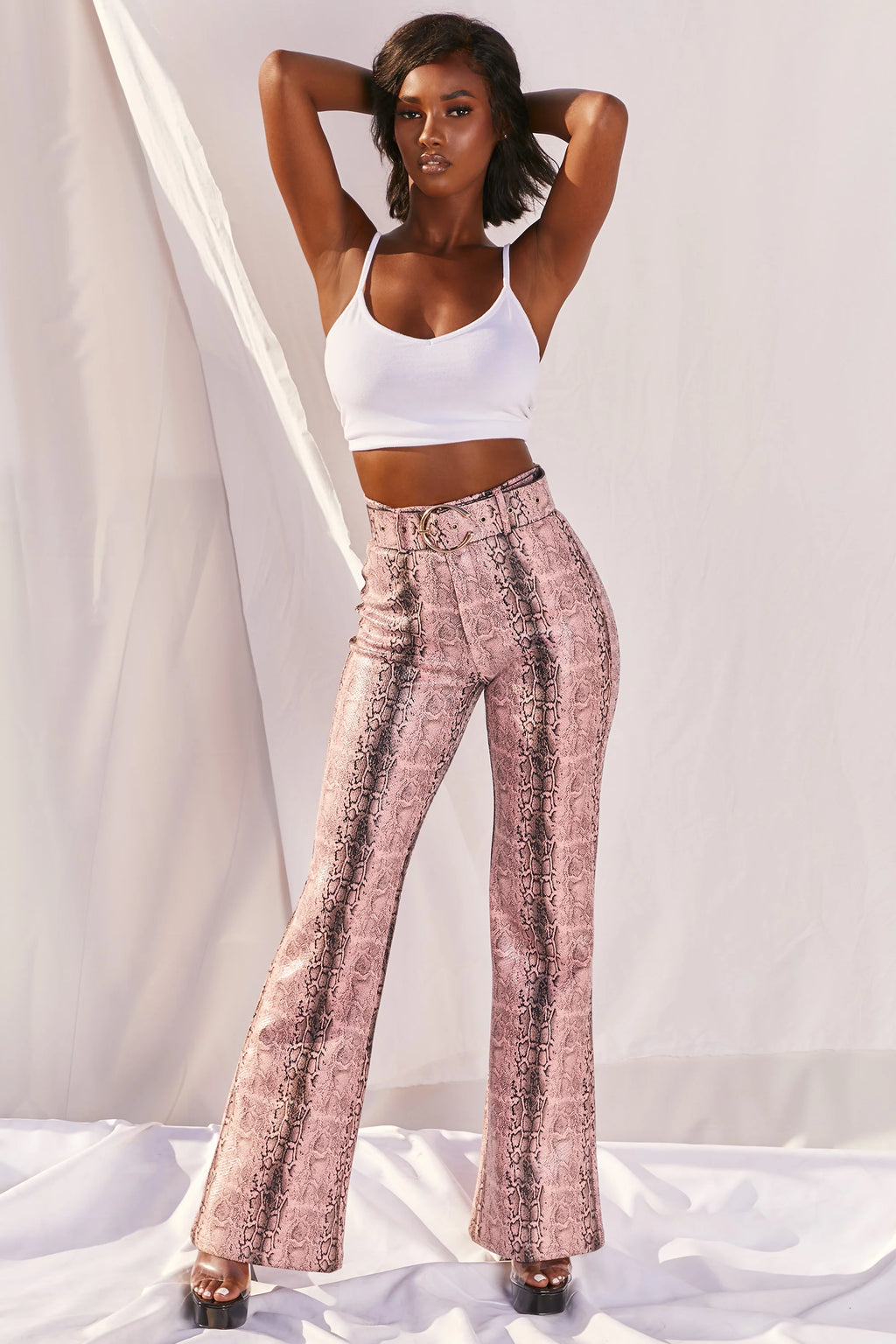 Drive ‘Em Wild Petite High Waisted Wide Leg Trousers in Pink Snake Print