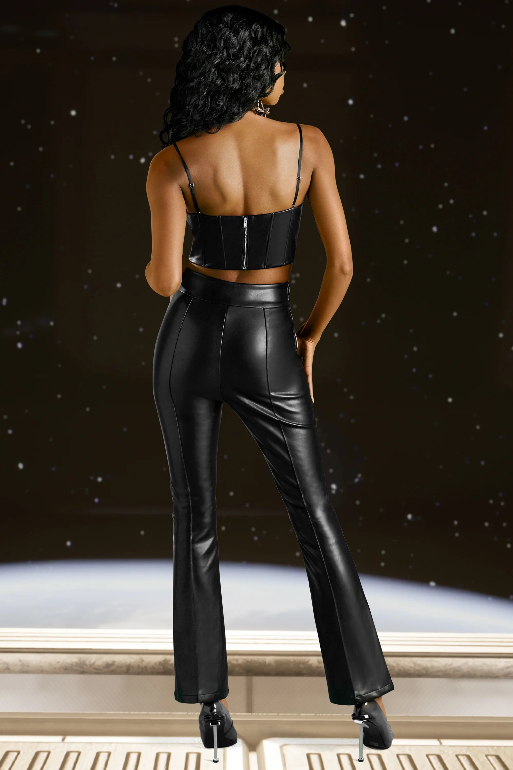 Tall Faux Leather Flare Trousers in Black
