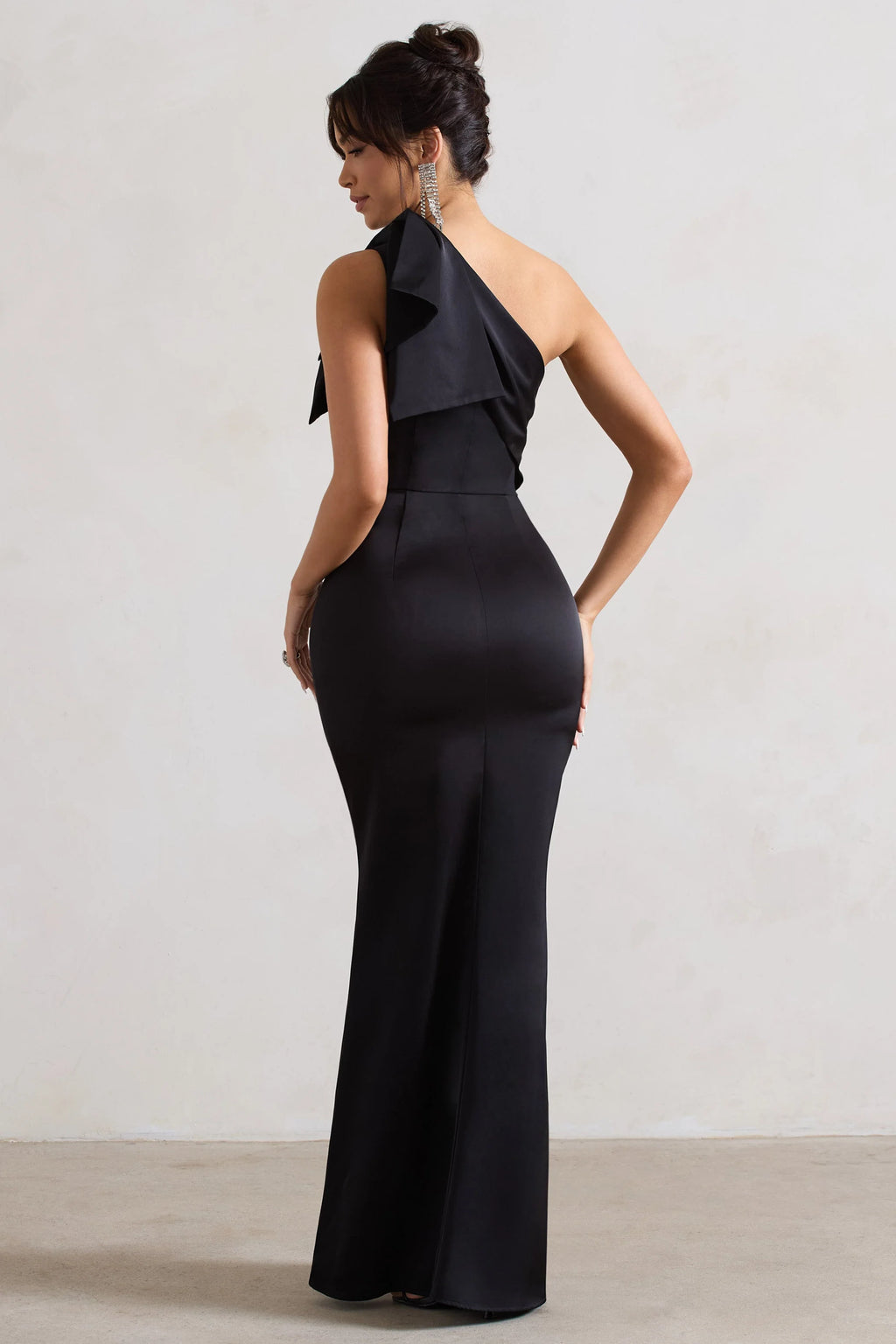 Lady | Black Satin Asymmetric Maxi Dress With Bow