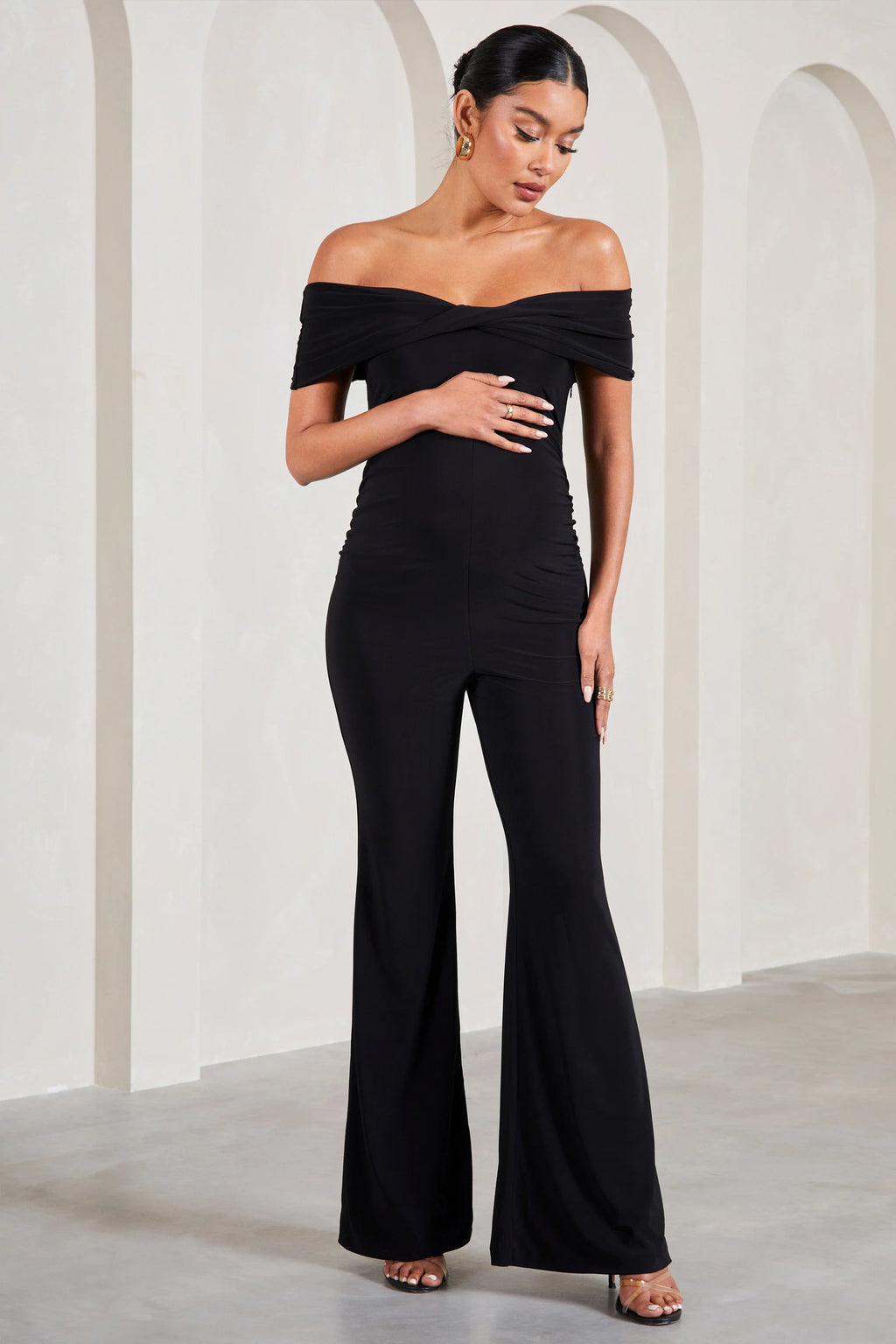 Elisa | Black Bardot Flared-Leg Maternity Jumpsuit