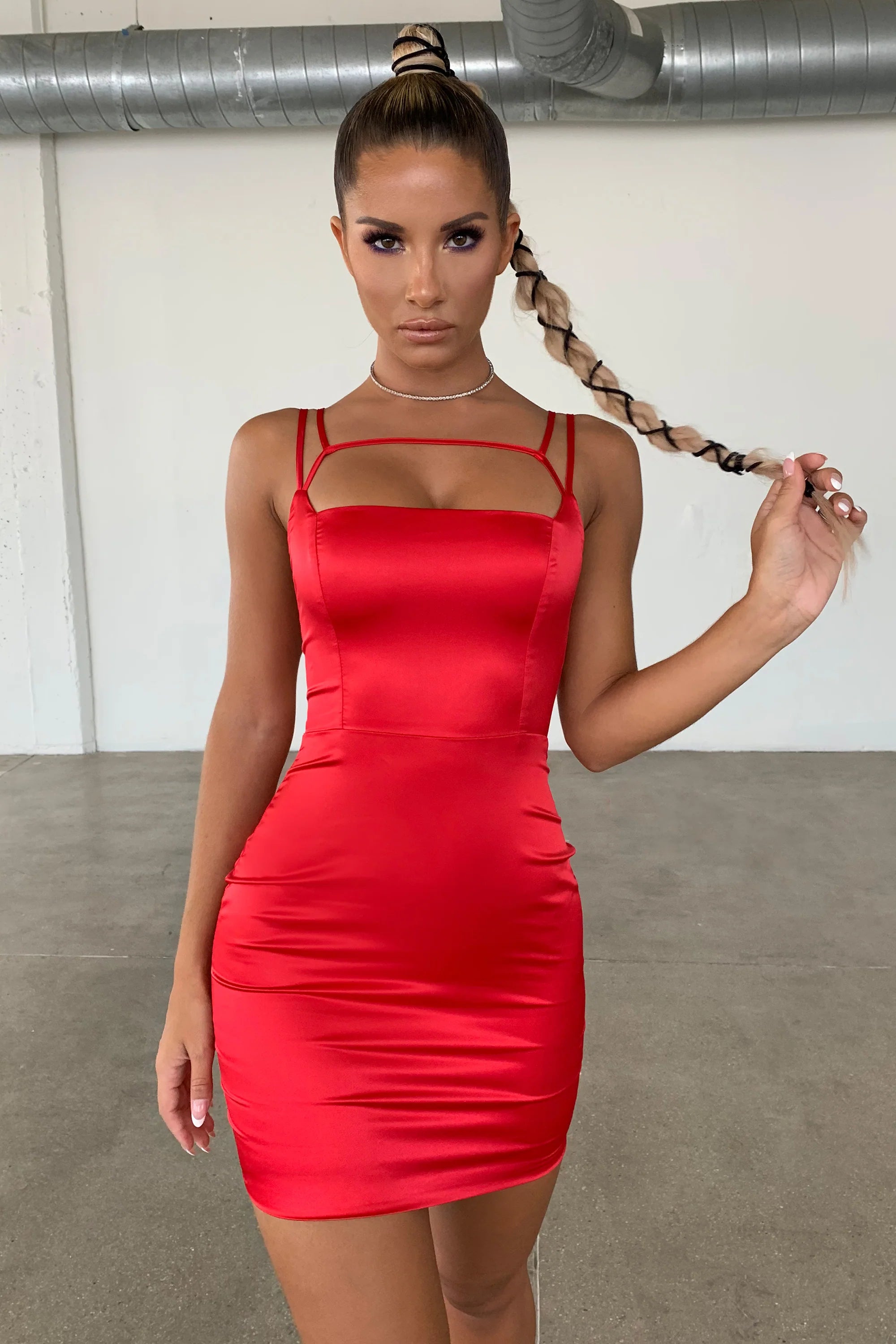 Run The Show Cut Out Satin Mini Dress in Red