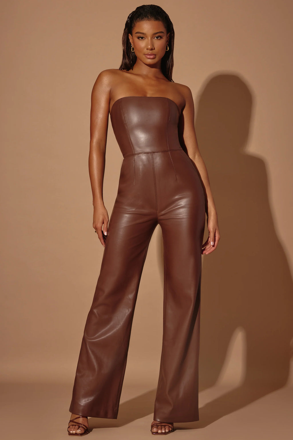 Tall Strapless Wide Leg Vegan Leather Jumpsuit in Brown