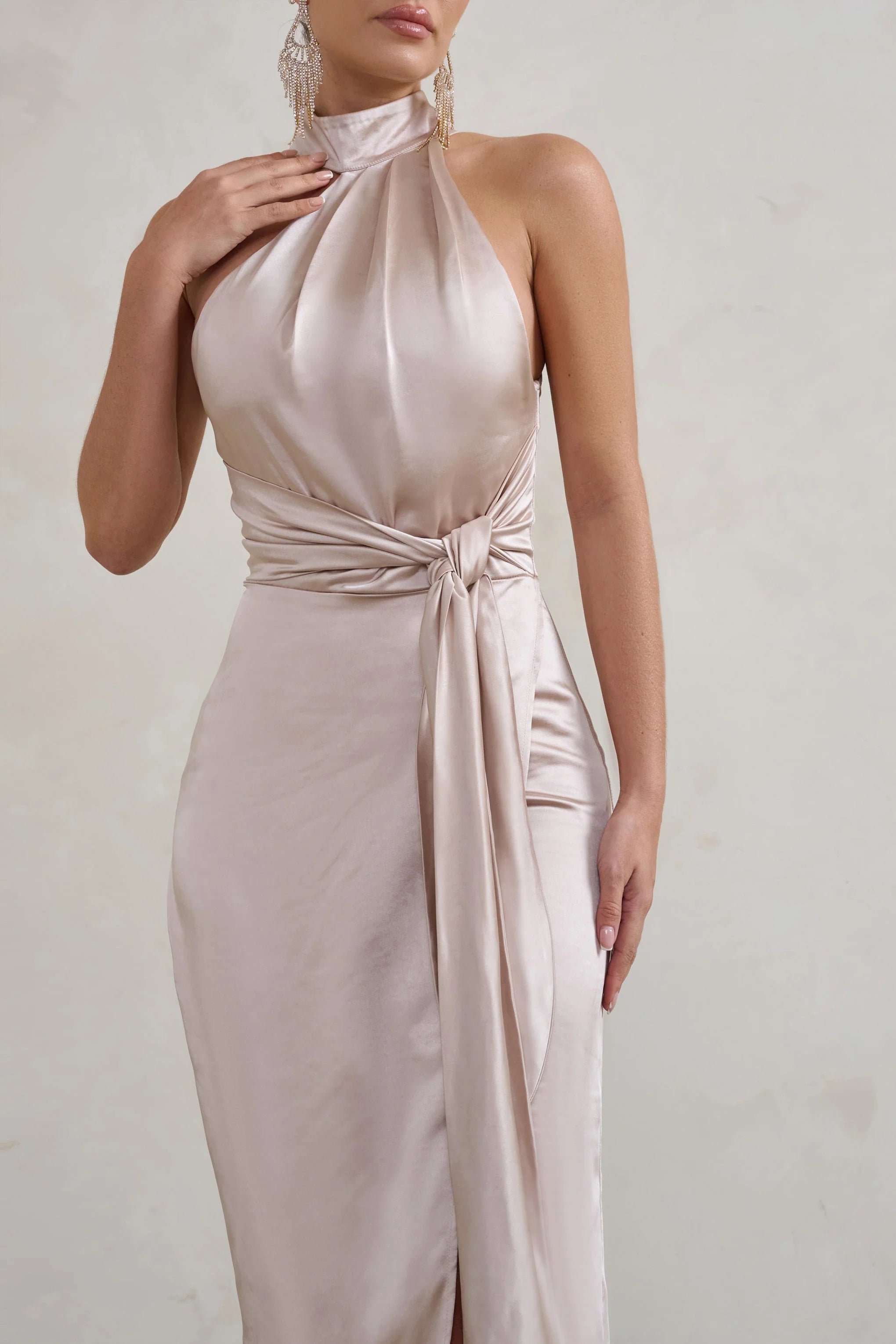 Tattianna | Champagne Asymmetric Tie Detail High Neck Satin Maxi Dress