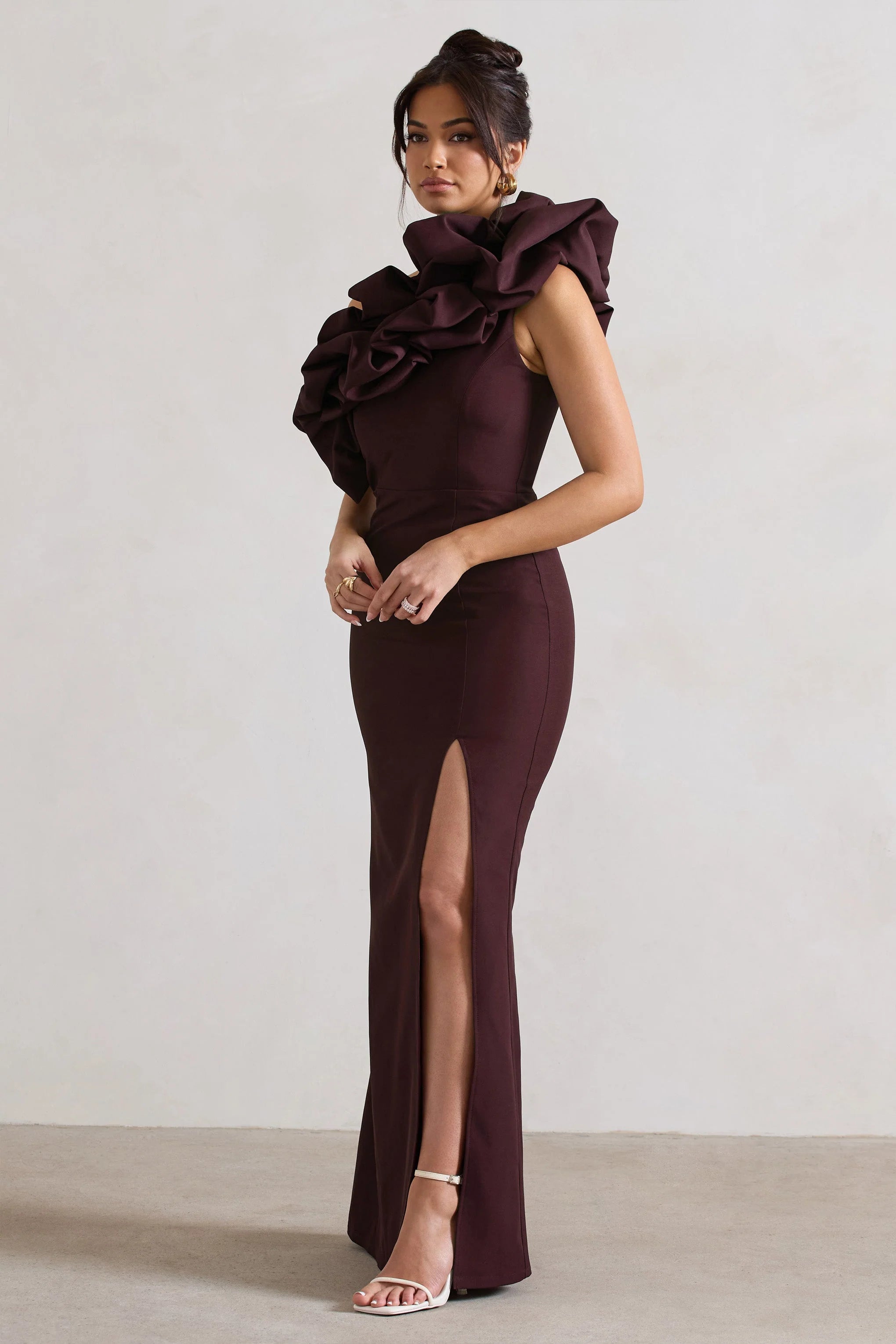 Vienne | Dark Plum Asymmetric Ruffle Split Maxi Dress
