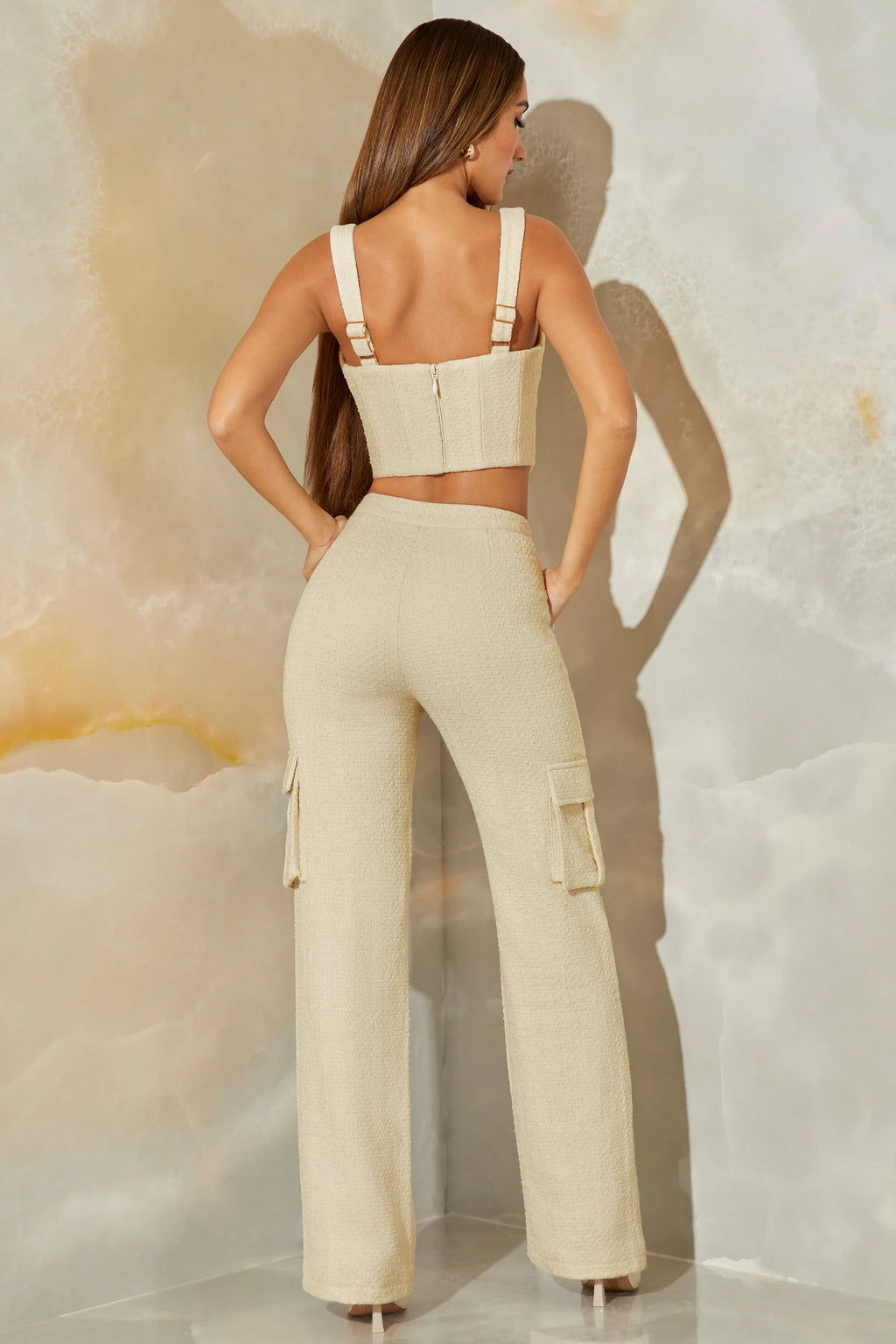 Petite Tweed Straight Leg Cargo Trousers in Stone