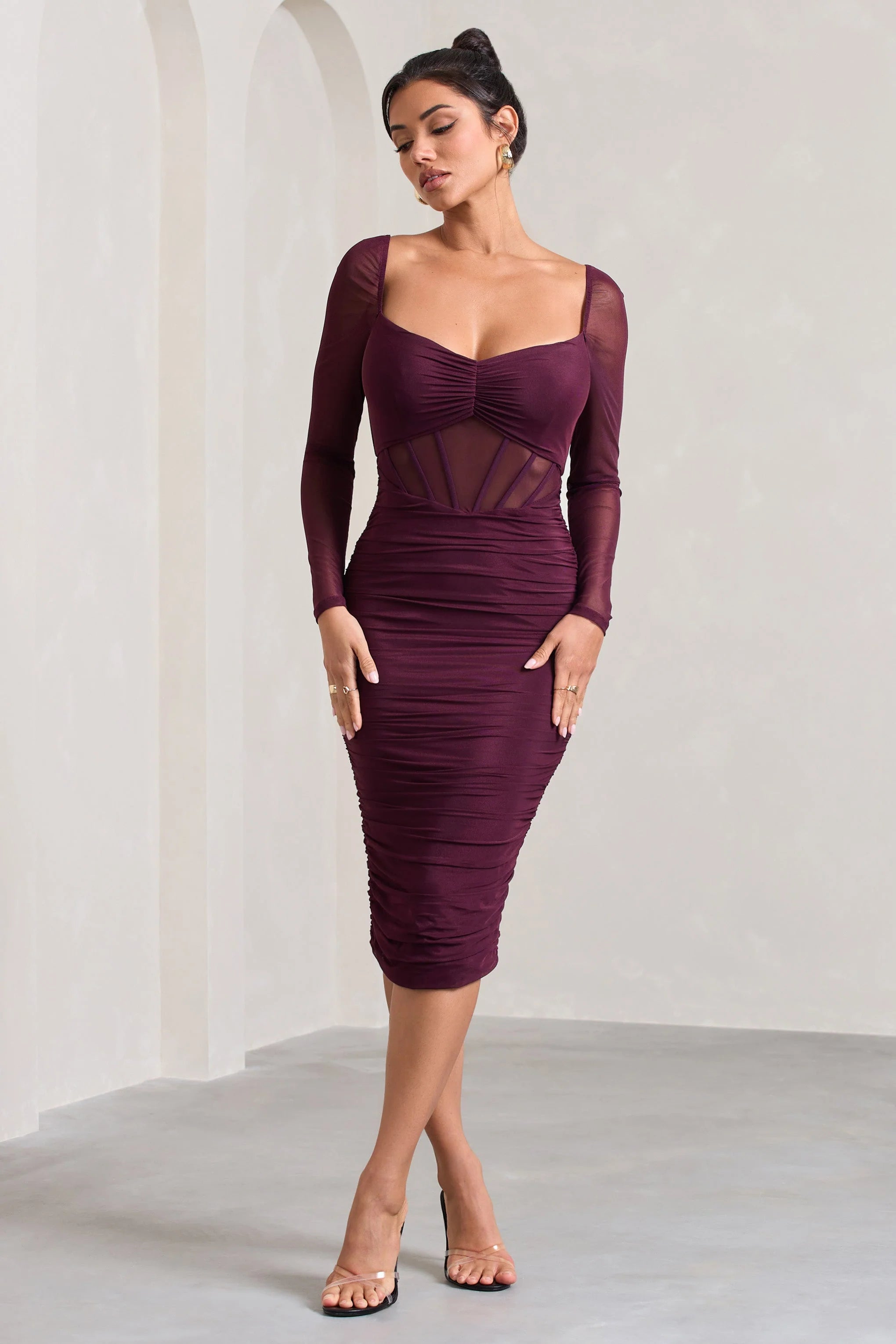 Abiba | Burgundy Ruched Mesh Corset Midi Dress With Long Sleeves