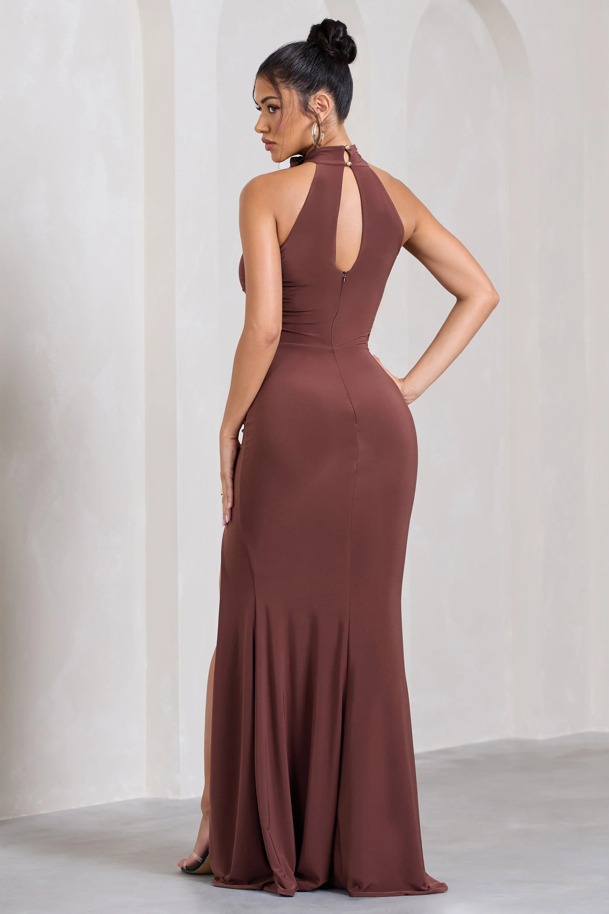 Wanderer | Chocolate Brown Ruched Halter-Neck Split Maxi Dress With Flower