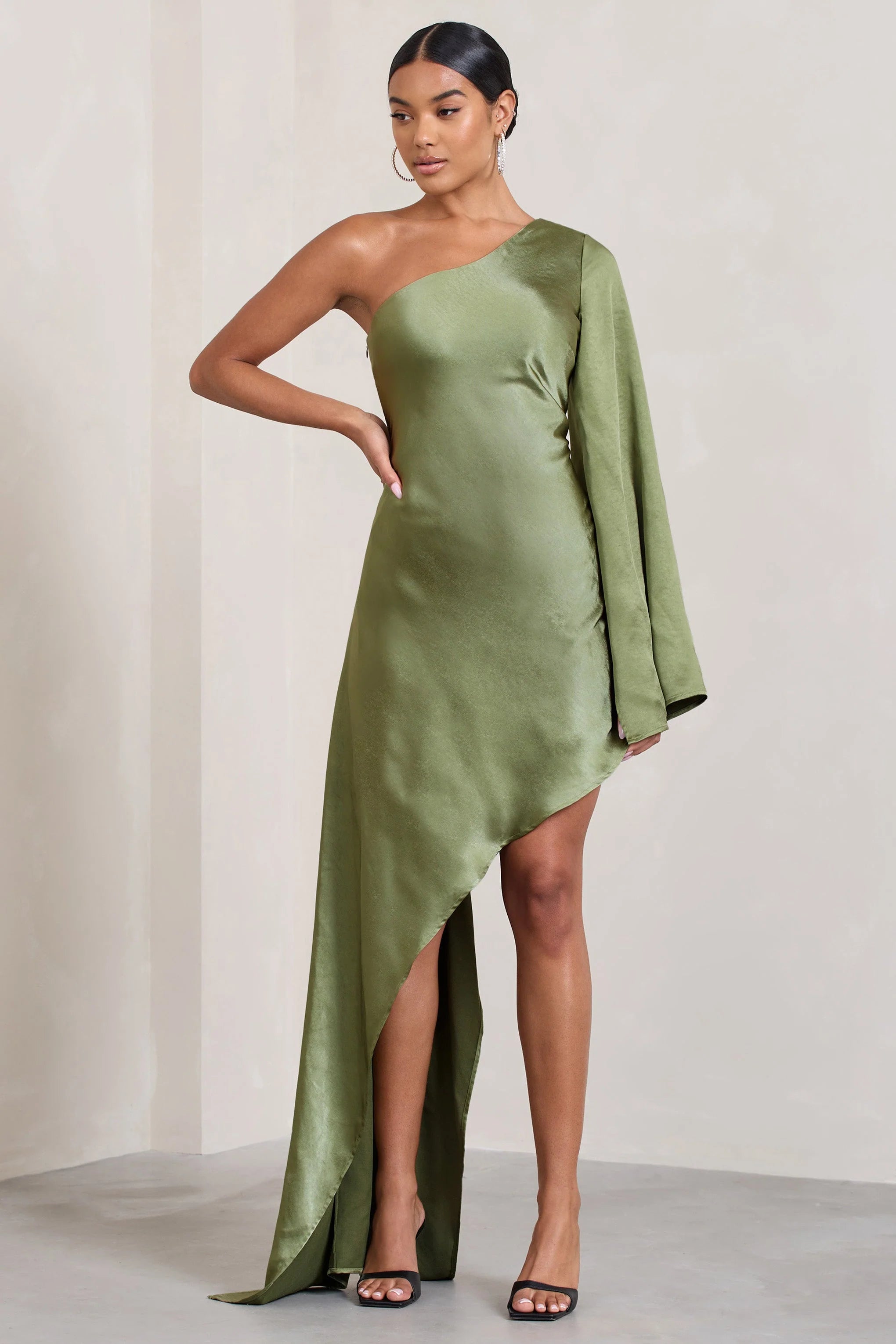 Hanna | Olive Asymmetric Draped Satin Mini Dress