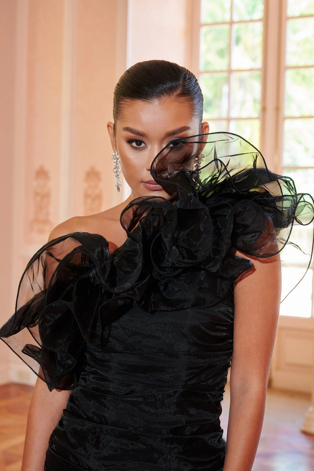 Black Organza Ruffle One Shoulder Mini Dress