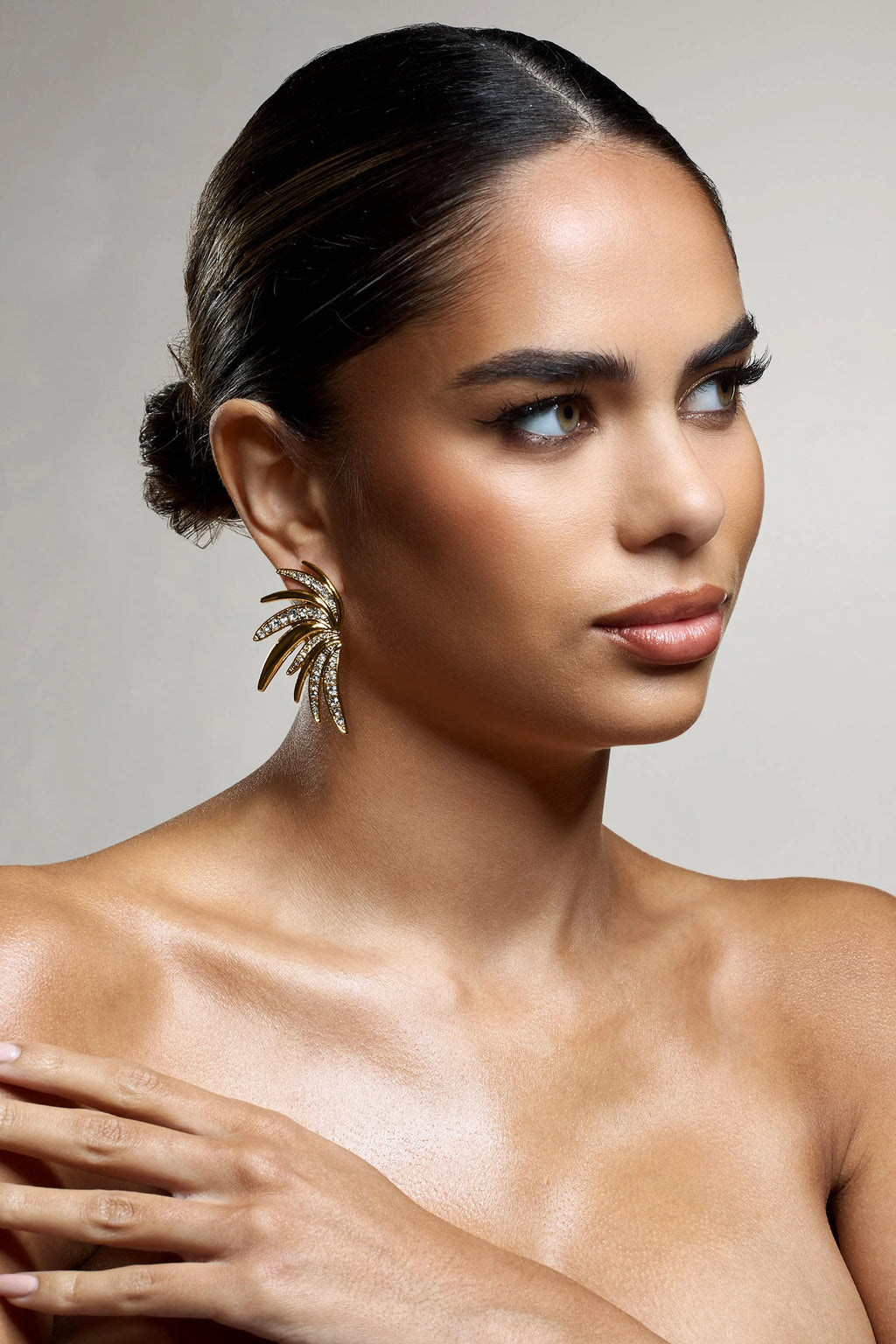 Curious | Gold Diamante Half Leaf Earrings