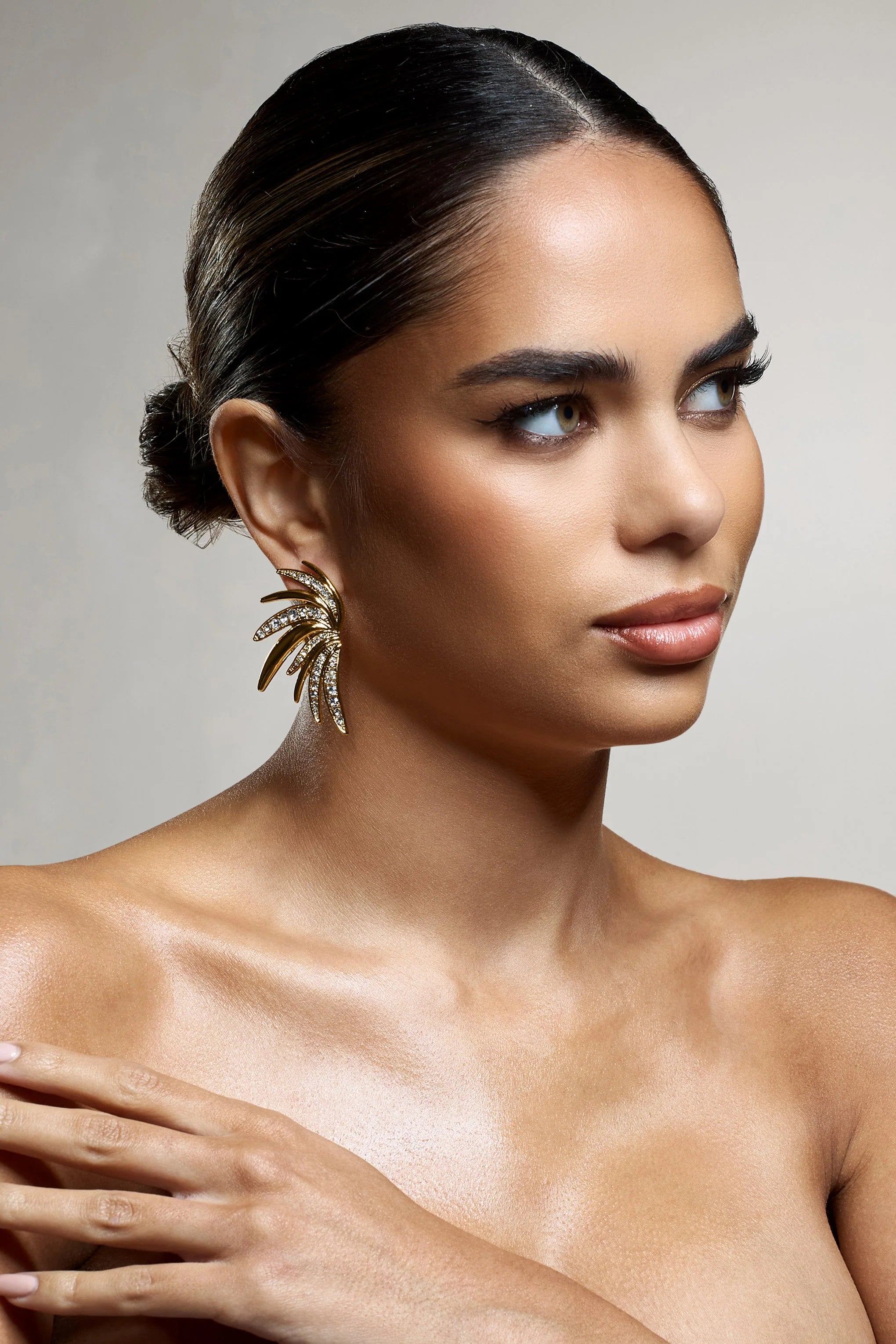 Curious | Gold Diamante Half Leaf Earrings