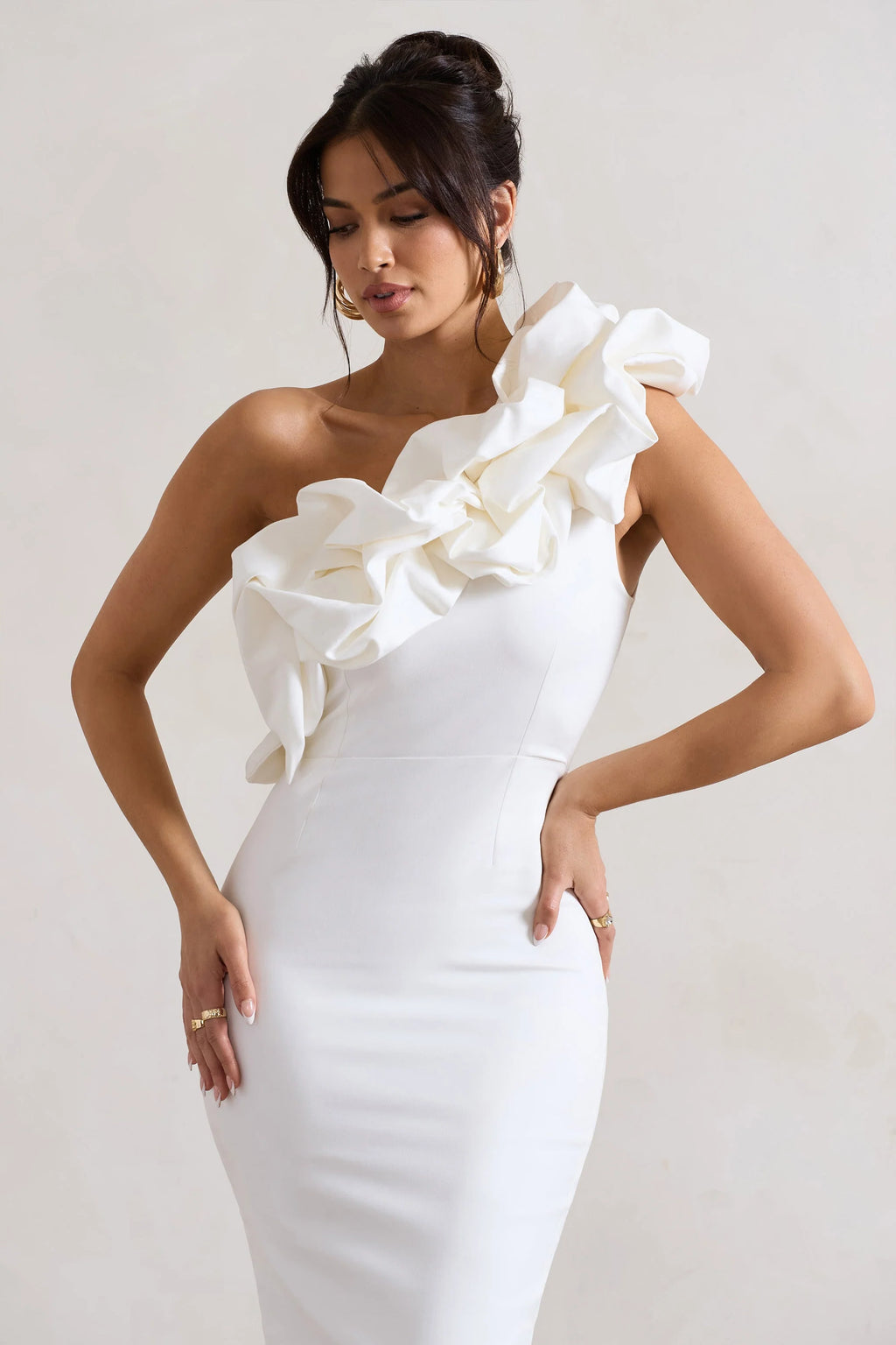 Orchestra | White Asymmetric Ruffled Midi Dress