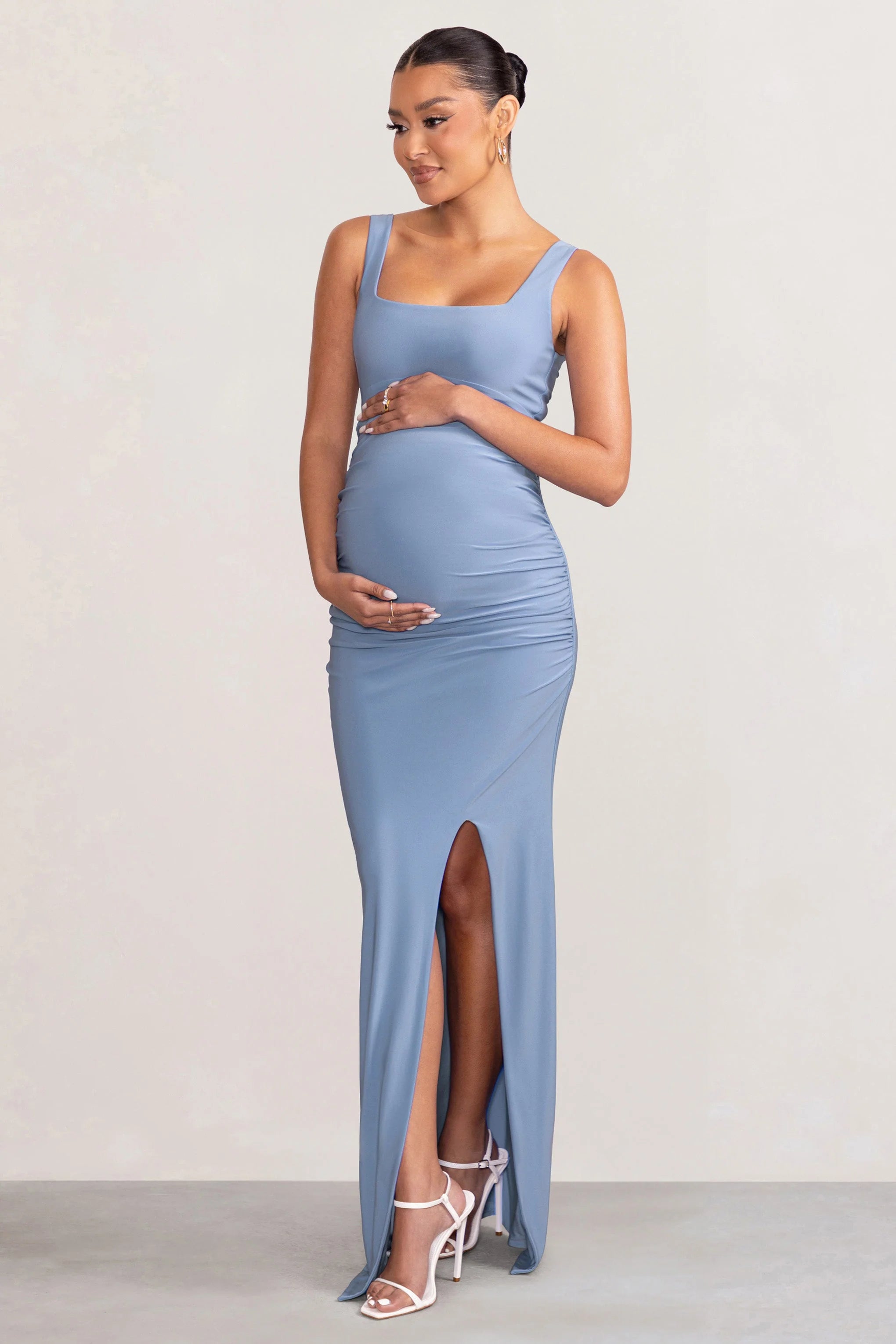 Avril | Powder Blue Square Neck Maternity Maxi Dress with Split