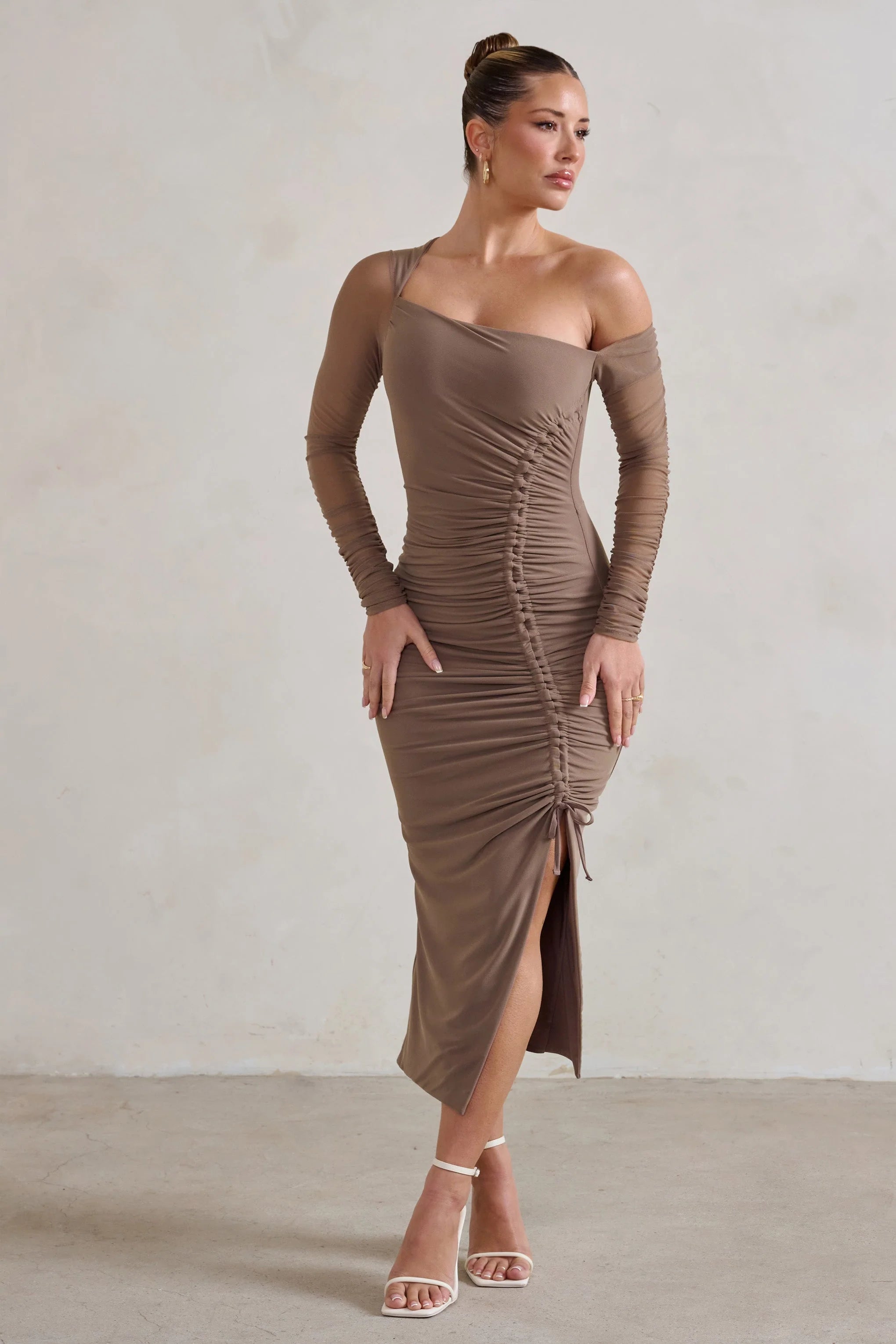 Treasured | Mocha Asymmetric Mesh Long Sleeve Ruched Midi Dress