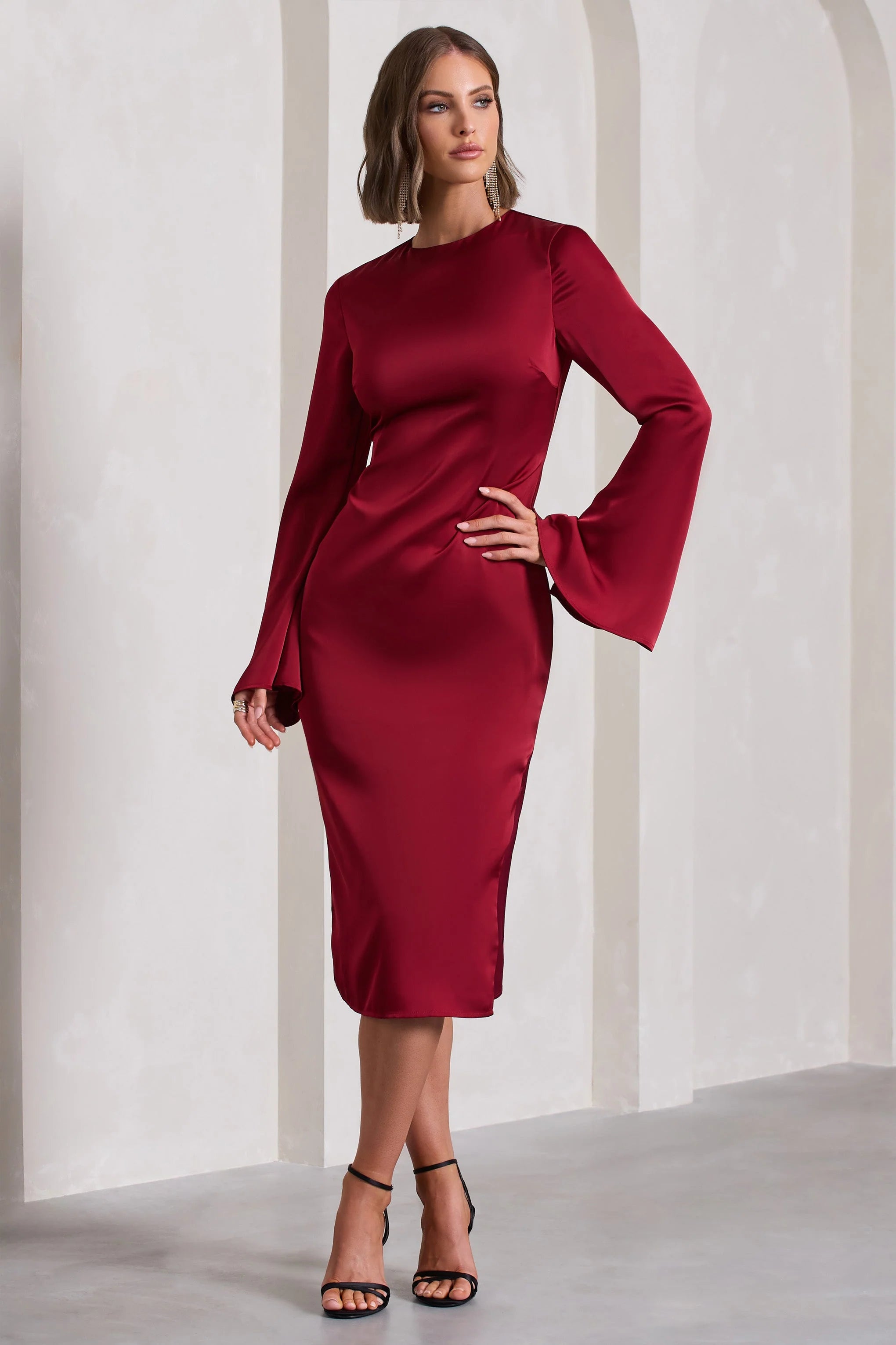 Zaina | Burgundy Long Sleeve Maxi Dress with High Neckline